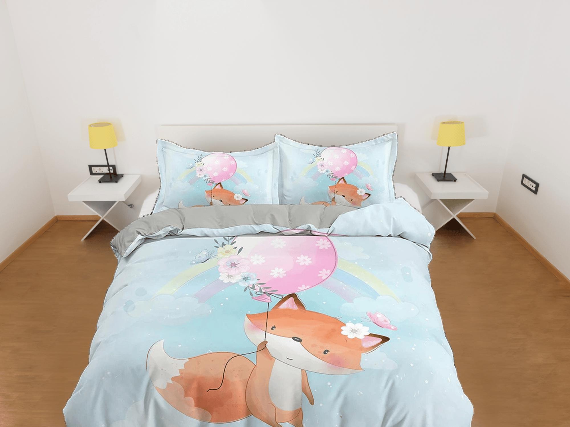 daintyduvet Cute Fox Holding a Pink Balloon Bedding, Duvet Cover Set, Zipper Bedding, Dorm Bedding, Teens Adult Duvet King Queen Full Twin Single