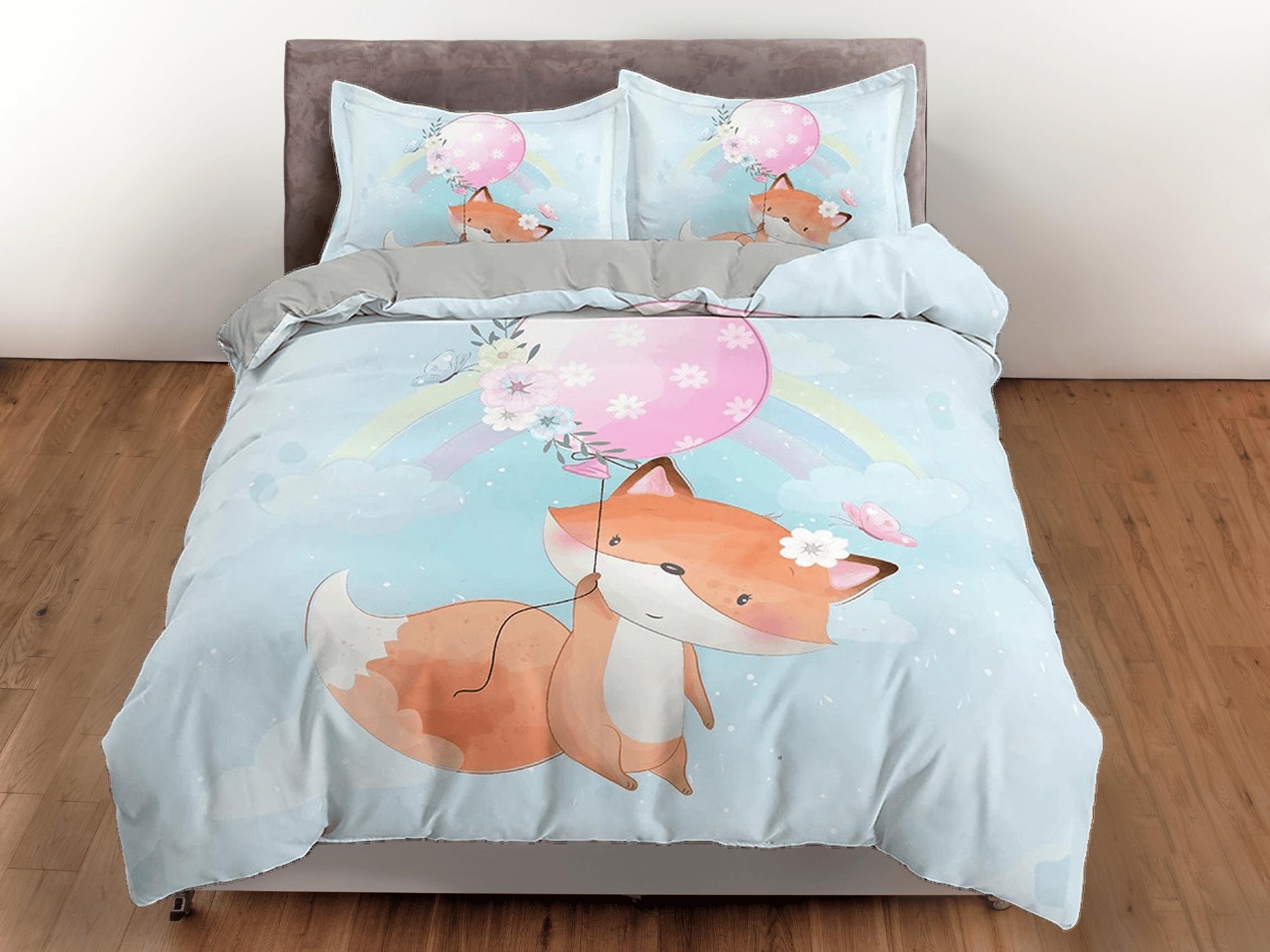 daintyduvet Cute Fox Holding a Pink Balloon Bedding, Duvet Cover Set, Zipper Bedding, Dorm Bedding, Teens Adult Duvet King Queen Full Twin Single