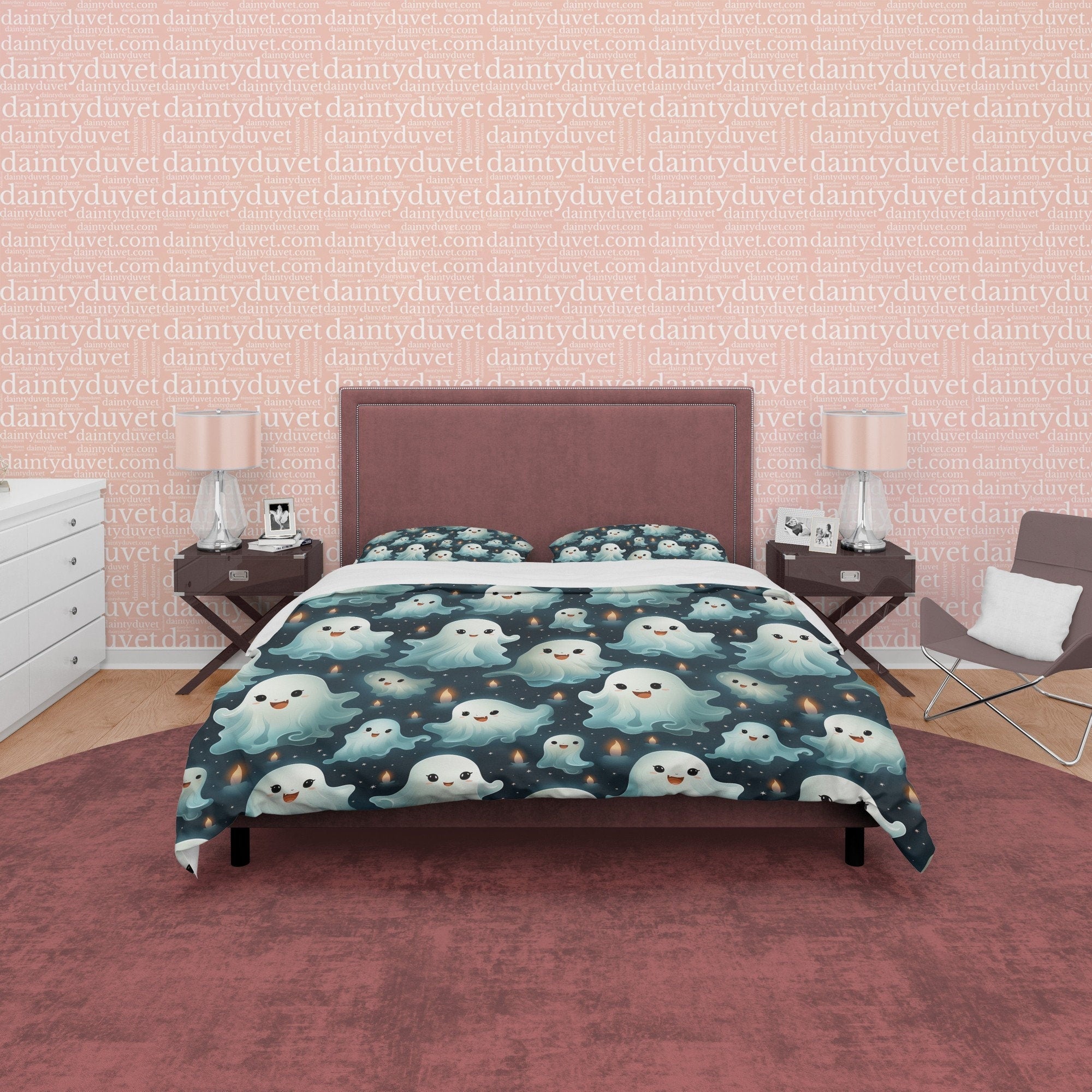 Cute Ghosts, Blue Green Duvet Cover Set & Pillowcase, Aesthetic Zipper Bedding, Kawaii Halloween Gift, US, UK, European, Australian Bed Size