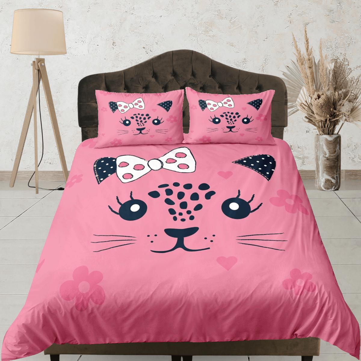 daintyduvet Cute Girly Cat Pink Bedding, Toddler Bedding, Kids Duvet Cover Set, Baby Bedding Cat Face with Ribbon Doona Cover up to California King Size