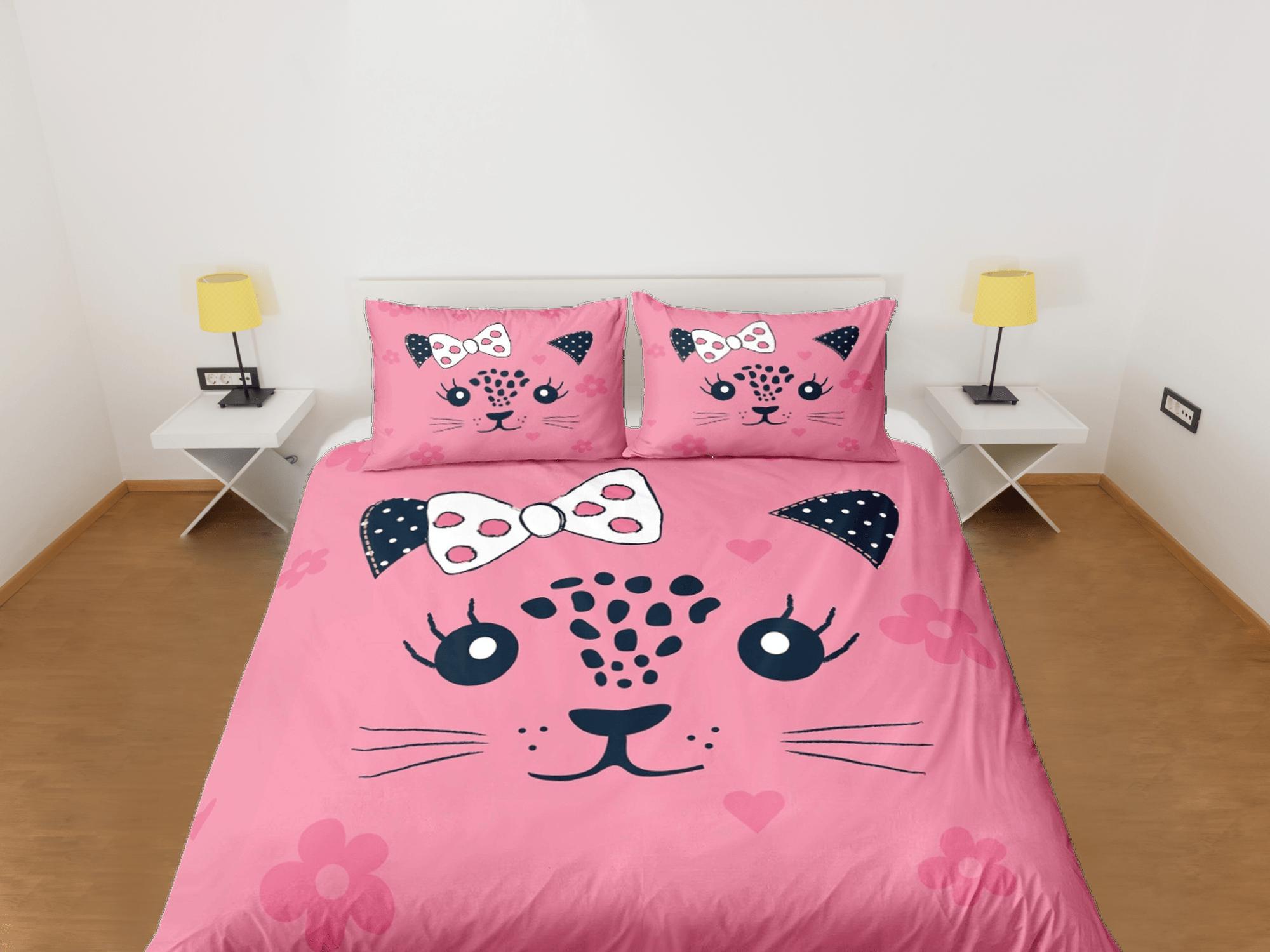 daintyduvet Cute Girly Cat Pink Bedding, Toddler Bedding, Kids Duvet Cover Set, Baby Bedding Cat Face with Ribbon Doona Cover up to California King Size