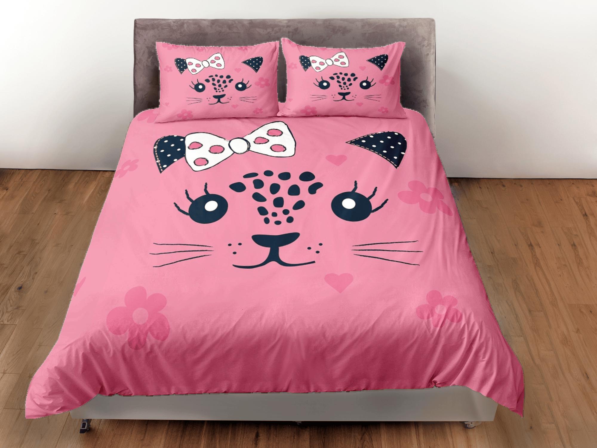 daintyduvet Cute Girly Cat Pink Bedding, Toddler Bedding, Kids Duvet Cover Set, Baby Bedding Cat Face with Ribbon Doona Cover up to California King Size