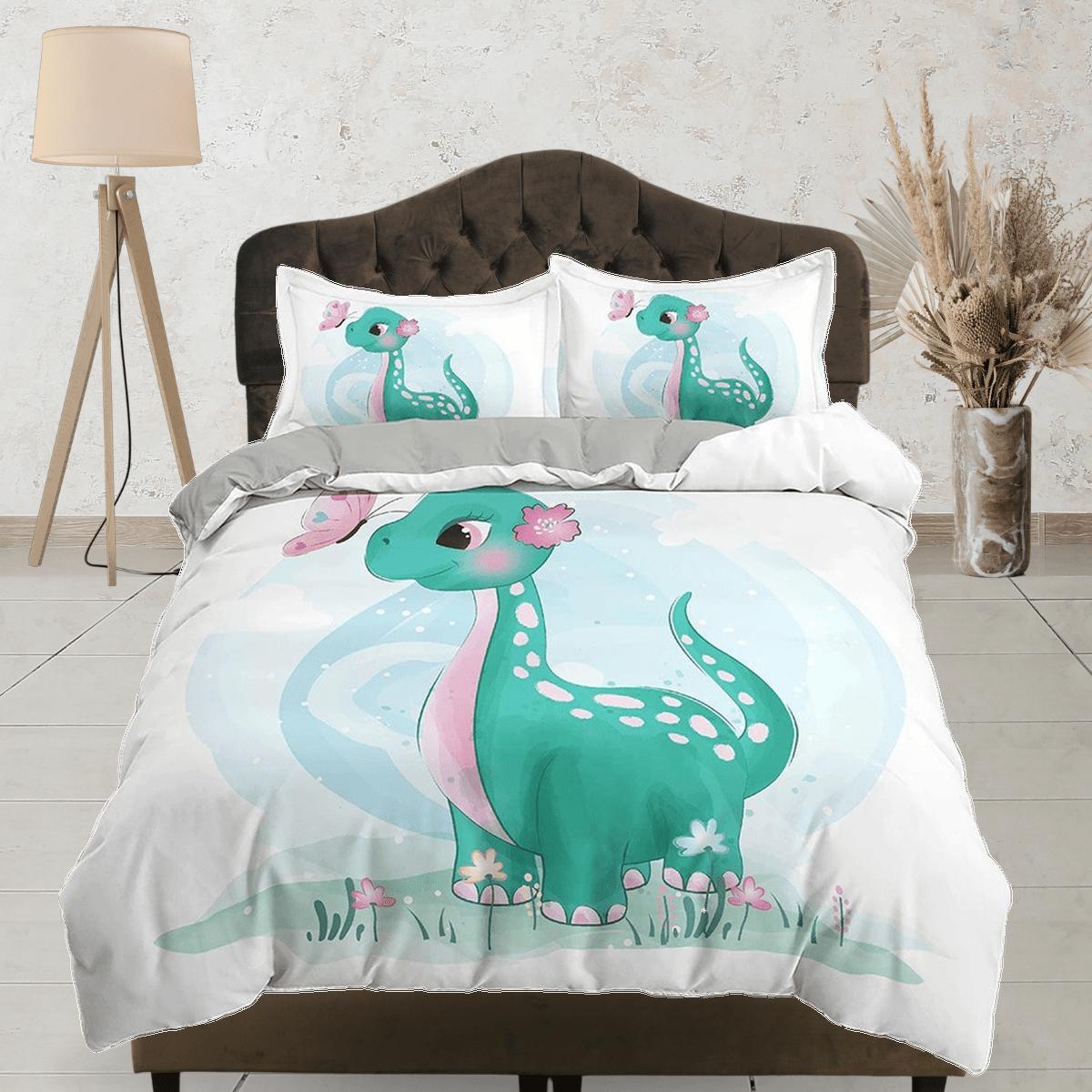daintyduvet Cute Green Baby Dinosaur Bedding, Duvet Cover Set & Pillowcase, Zipper Bedding, Dorm Bedding, Teens Adult Duvet King Queen Full Twin Single