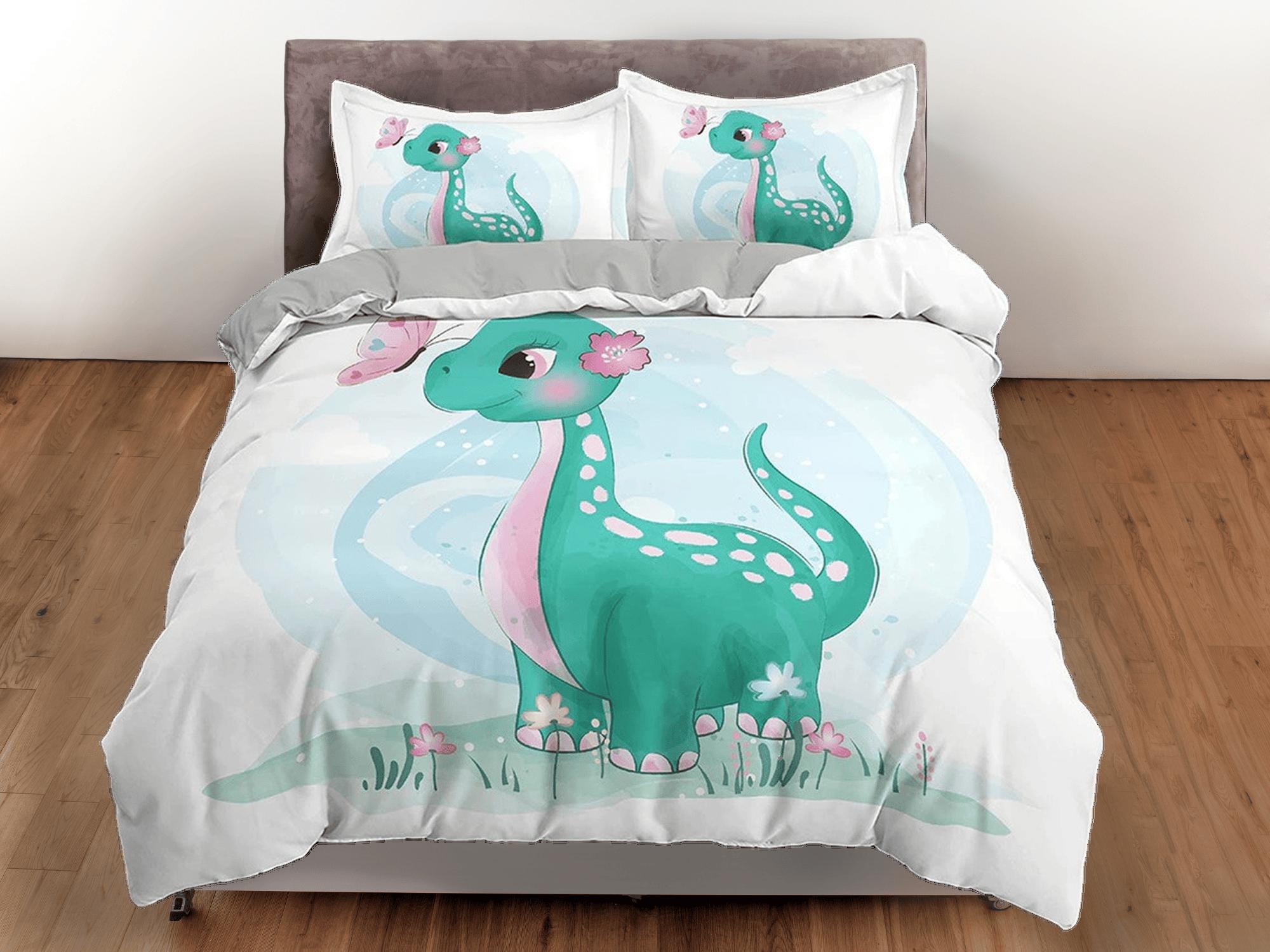 daintyduvet Cute Green Baby Dinosaur Bedding, Duvet Cover Set & Pillowcase, Zipper Bedding, Dorm Bedding, Teens Adult Duvet King Queen Full Twin Single