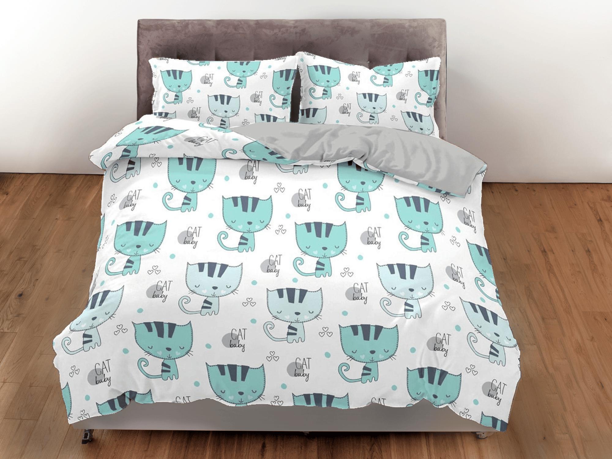 daintyduvet Cute green cat bedding, toddler bedding, kids duvet cover set, gift for cat lovers, baby bedding, baby shower giftv