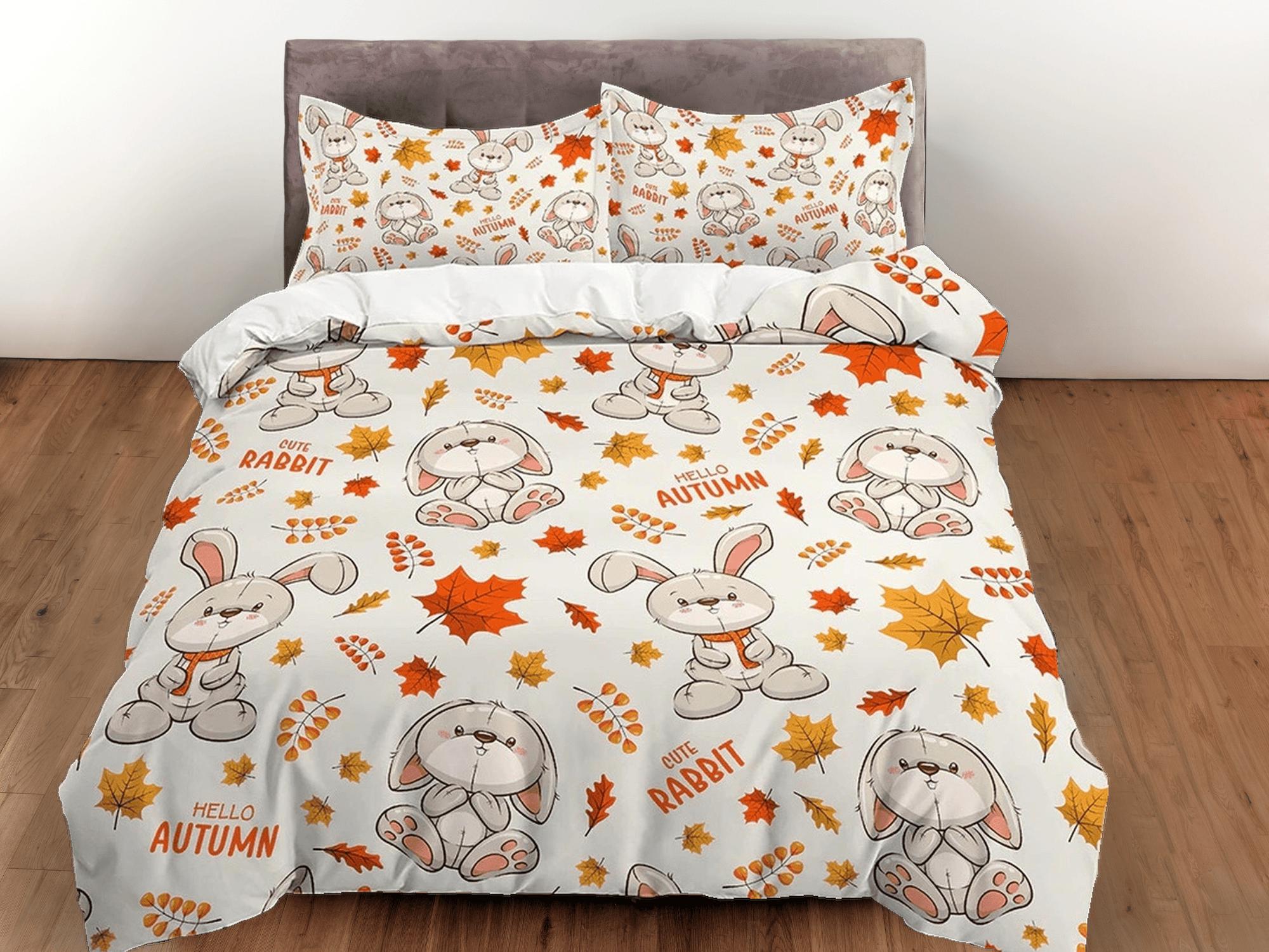 daintyduvet Cute Grey Bunny Hello Autumn Toddler Bedding, Unique Duvet Cover for Nursery Kids, Crib Bedding, Baby Zipper Bedding, King Queen Full Twin