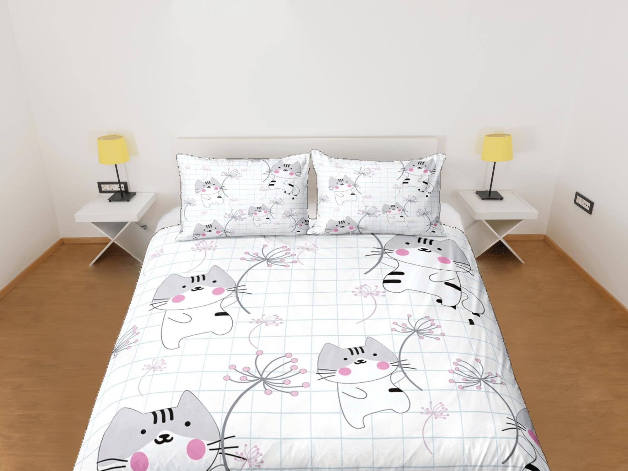 daintyduvet Cute grey cat bedding, cat holding dandelion toddler bedding, kids duvet cover set, gift for cat lovers, baby bedding, baby shower gift