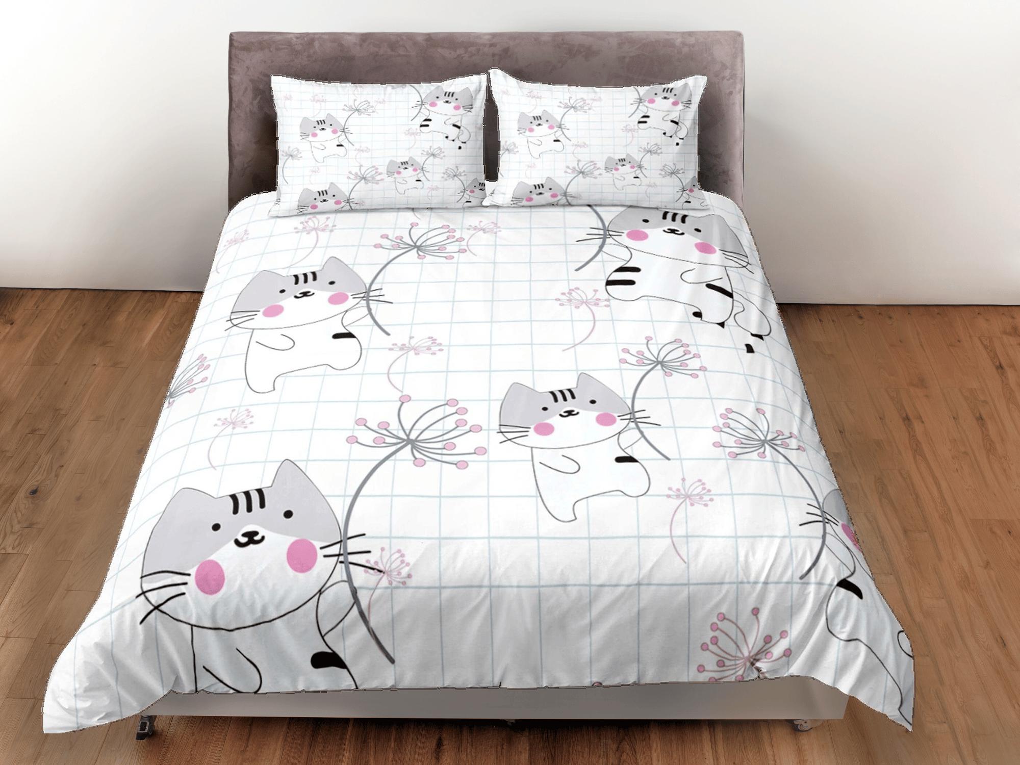 daintyduvet Cute grey cat bedding, cat holding dandelion toddler bedding, kids duvet cover set, gift for cat lovers, baby bedding, baby shower gift