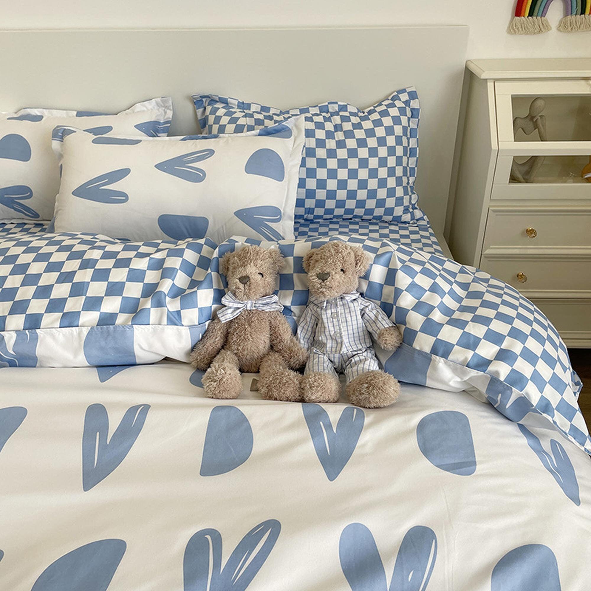 Cute Hearts Bedding Set, Light Blue Bedding Flat Sheet, Kawaii Dorm Be