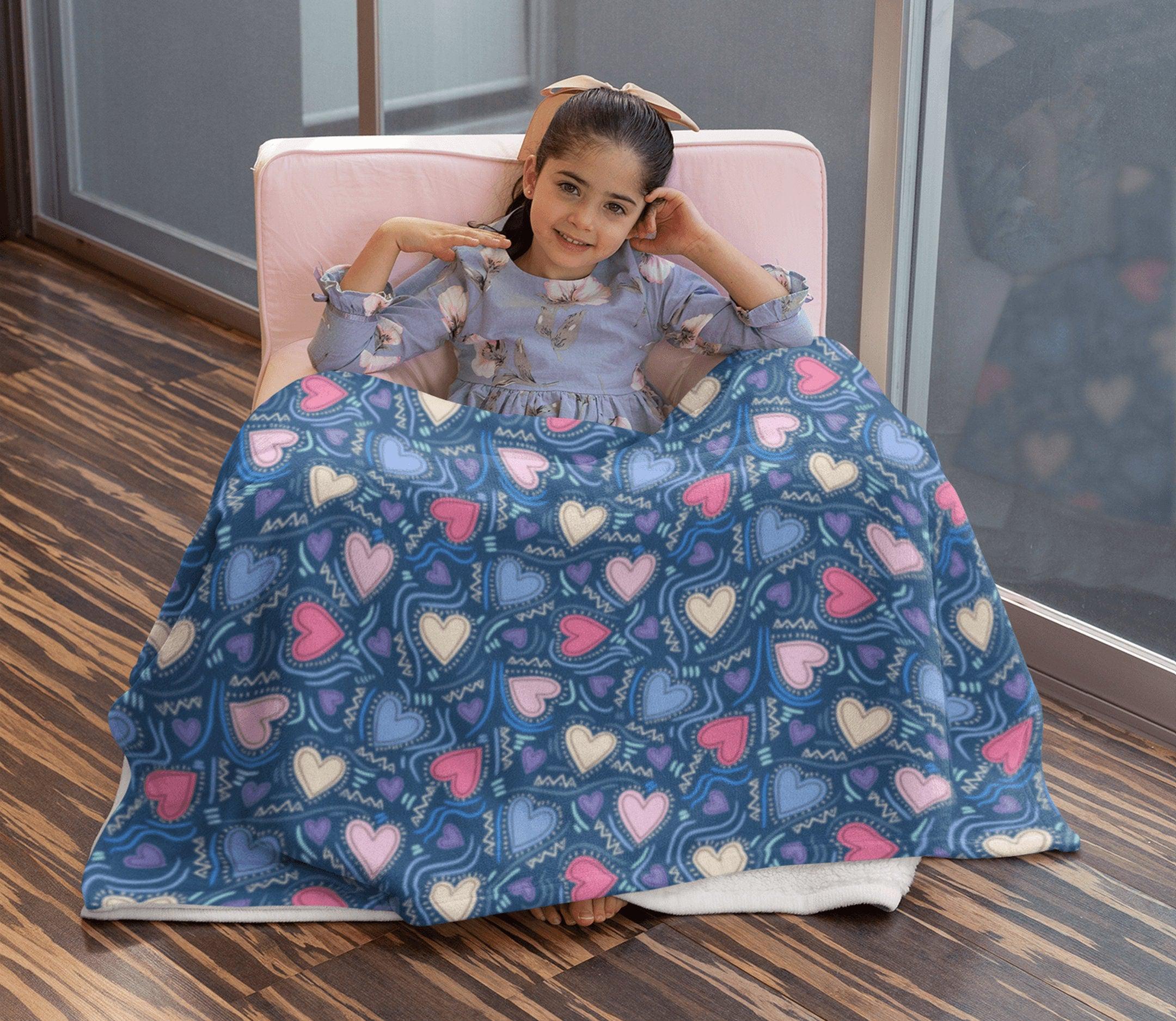 daintyduvet Cute Hearts Pattern Blue Denim Color Soft Fluffy Velvet Flannel Fleece Throw Blanket
