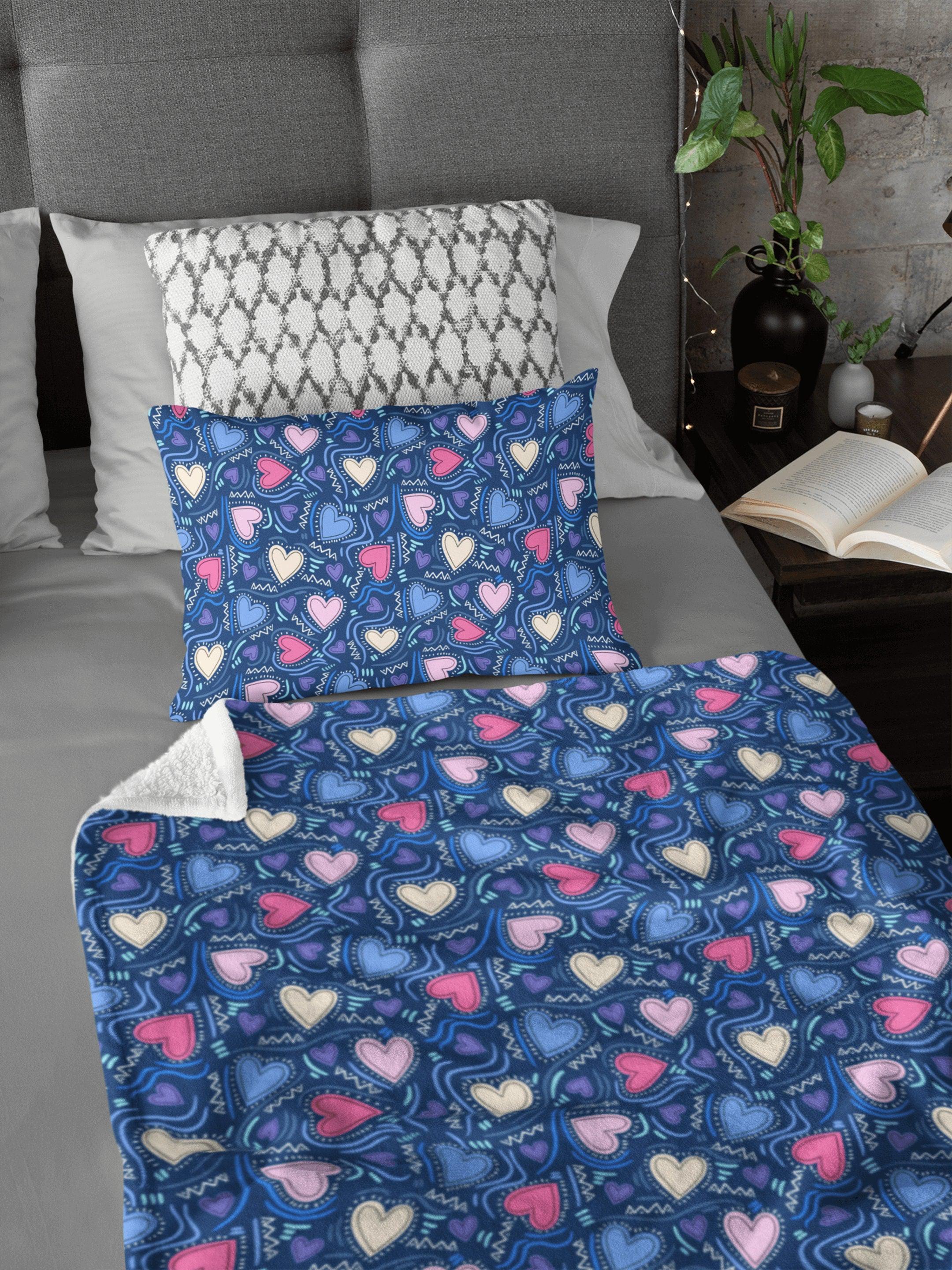 daintyduvet Cute Hearts Pattern Blue Denim Color Soft Fluffy Velvet Flannel Fleece Throw Blanket
