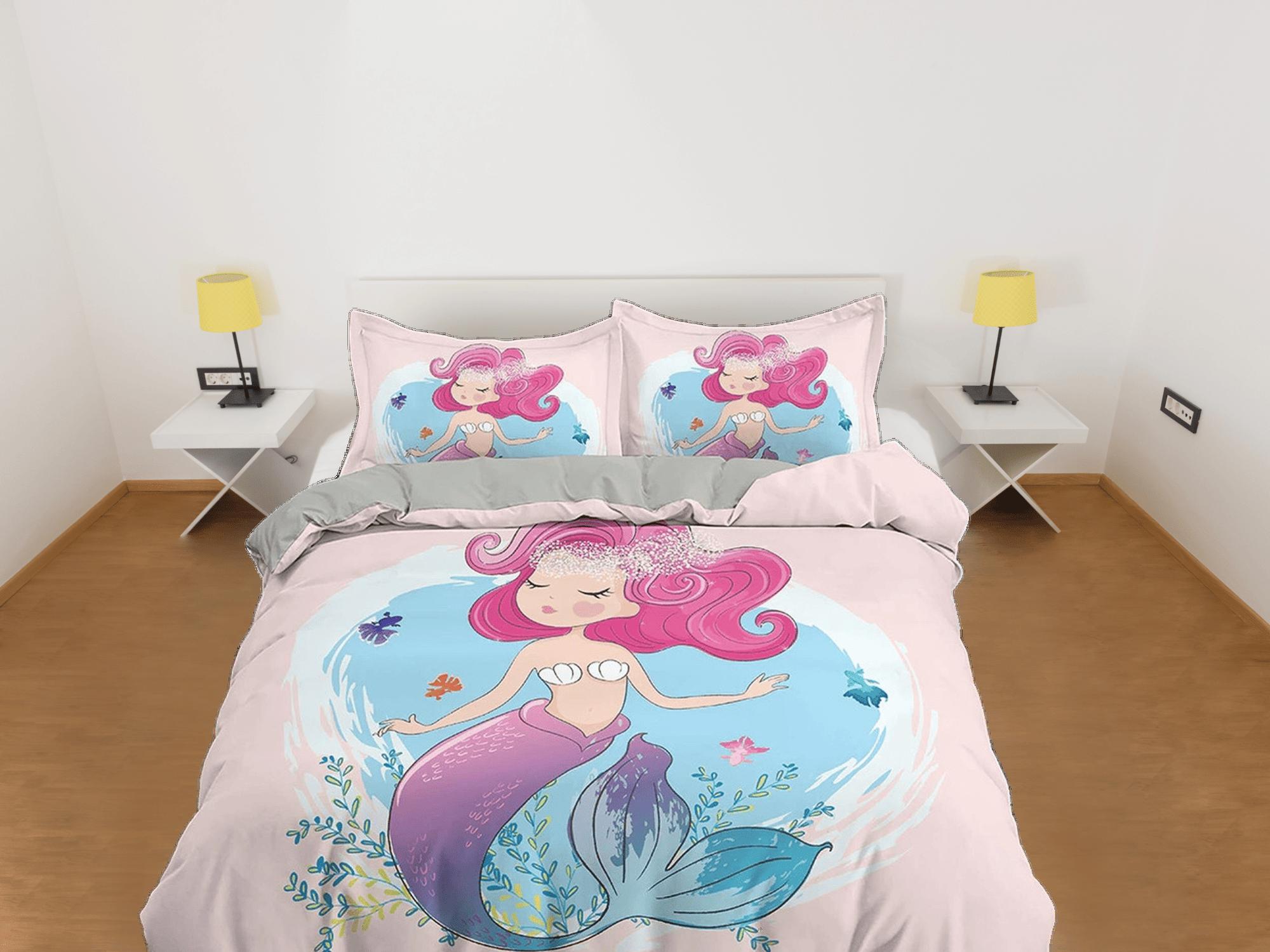 daintyduvet Cute little mermaid pink girl toddler bedding, unique duvet cover for nursery kids, crib bedding, baby zipper bedding, king queen full twin