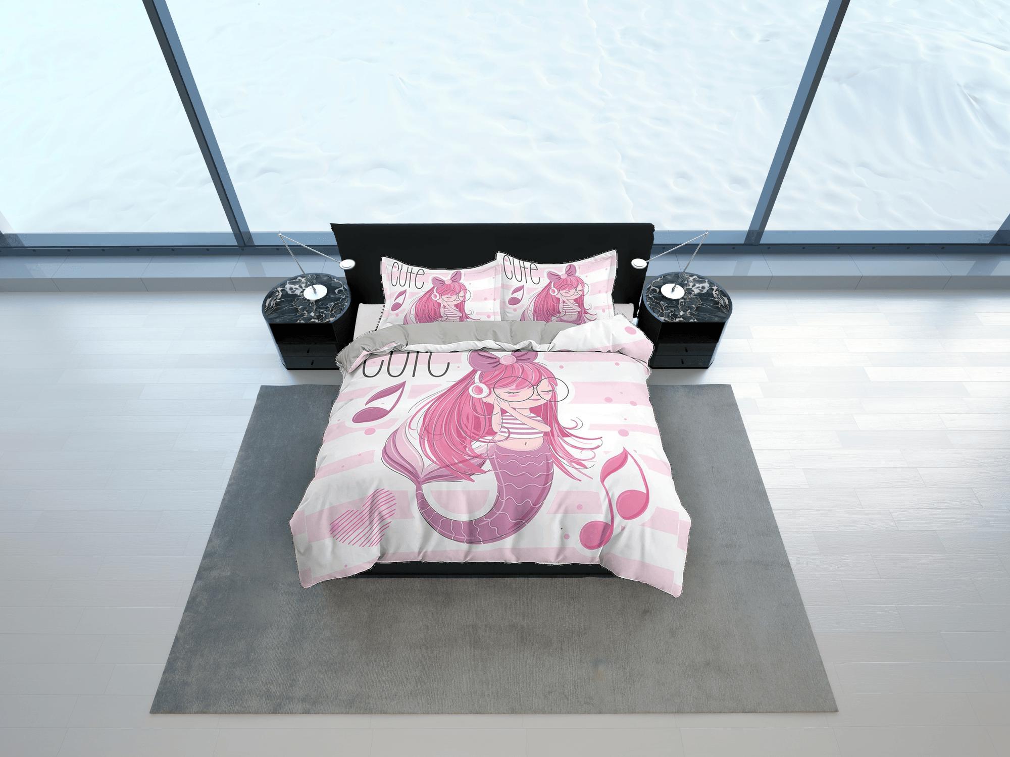 daintyduvet Cute Mermaid Kids Duvet Cover Set, Girly Pink Bedding Set, Toddler Bedding, Kids Bedroom, Music Lover Bed, Duvet King Queen Full Twin Single