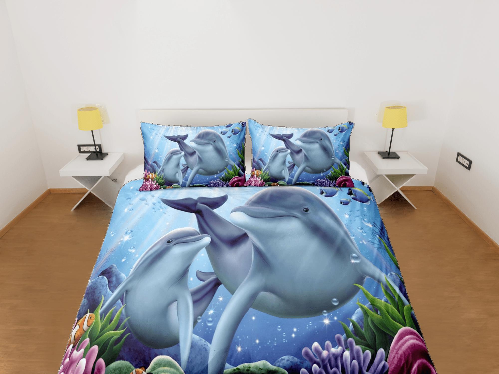 daintyduvet Cute mom and child bottle nose dolphin bedding duvet cover, ocean blush decor sea animal bedding set full king queen twin, dorm bedding gift