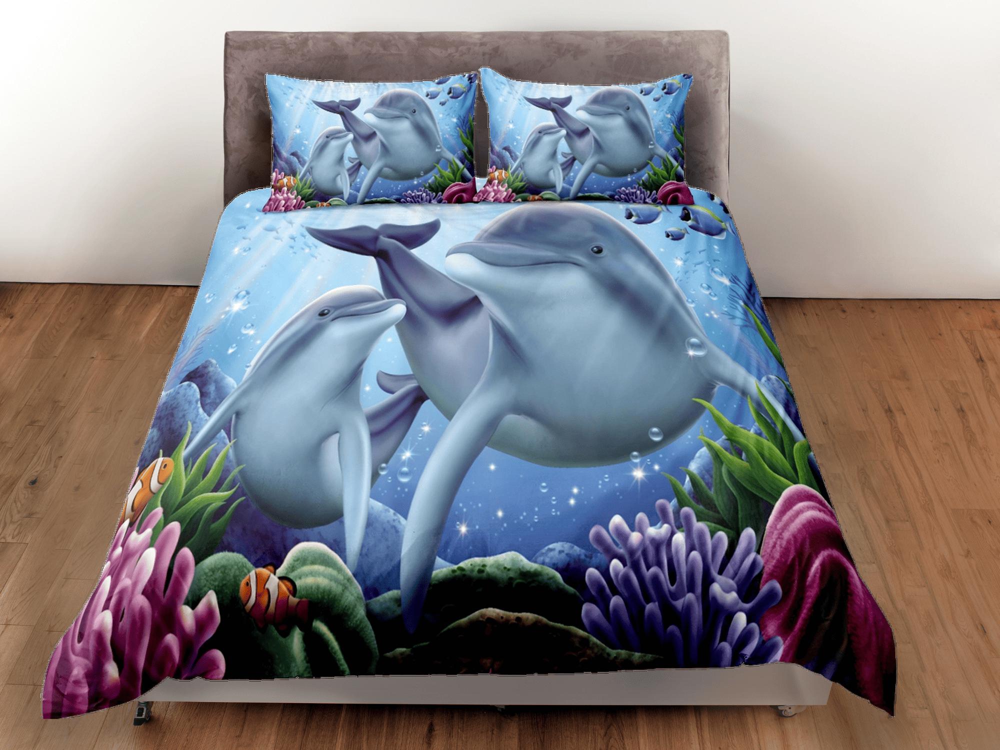 daintyduvet Cute mom and child bottle nose dolphin bedding duvet cover, ocean blush decor sea animal bedding set full king queen twin, dorm bedding gift