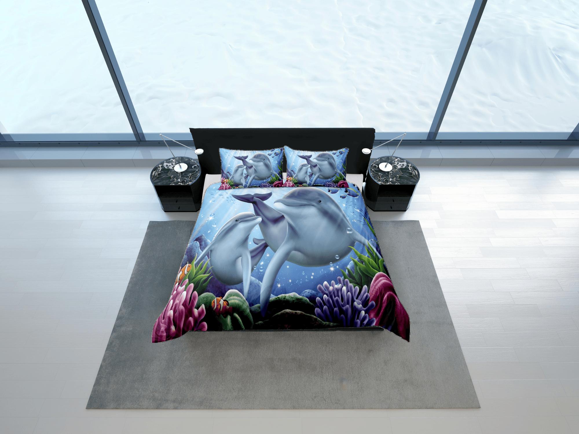 daintyduvet Cute mom and child bottle nose dolphin bedding duvet cover, ocean blush decor sea animal bedding set full king queen twin, dorm bedding gift