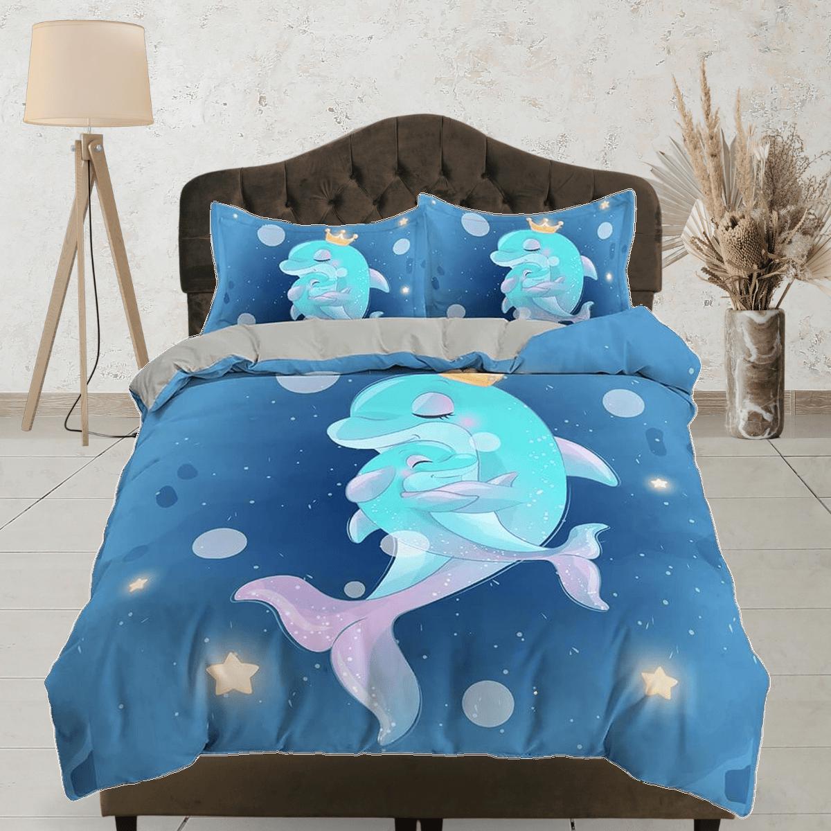 daintyduvet Cute mother & child dolphins bedding duvet cover, ocean blush decor bottle nose dolphin bedding set full king queen twin, dorm bedding gift