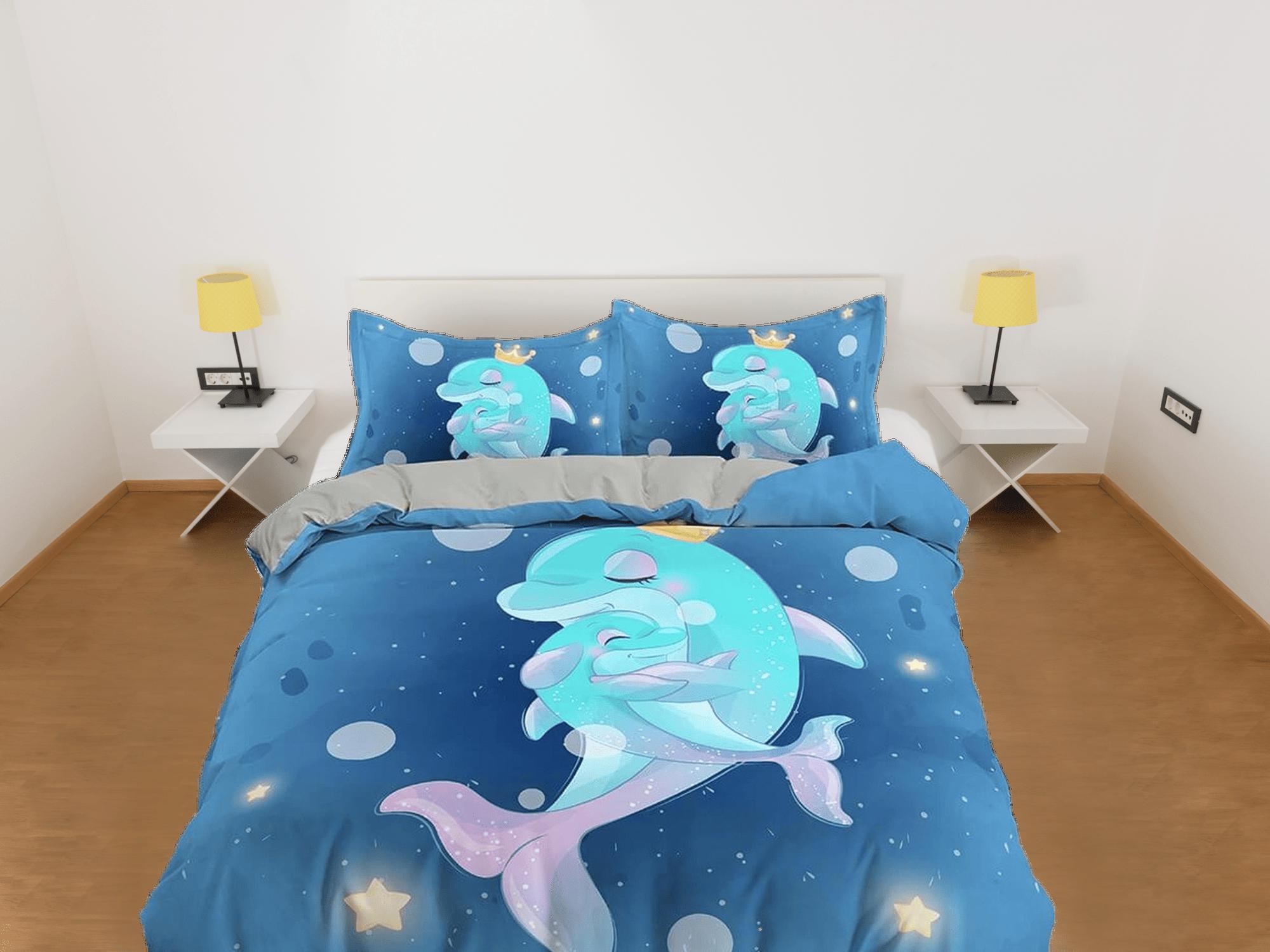 daintyduvet Cute mother & child dolphins bedding duvet cover, ocean blush decor bottle nose dolphin bedding set full king queen twin, dorm bedding gift