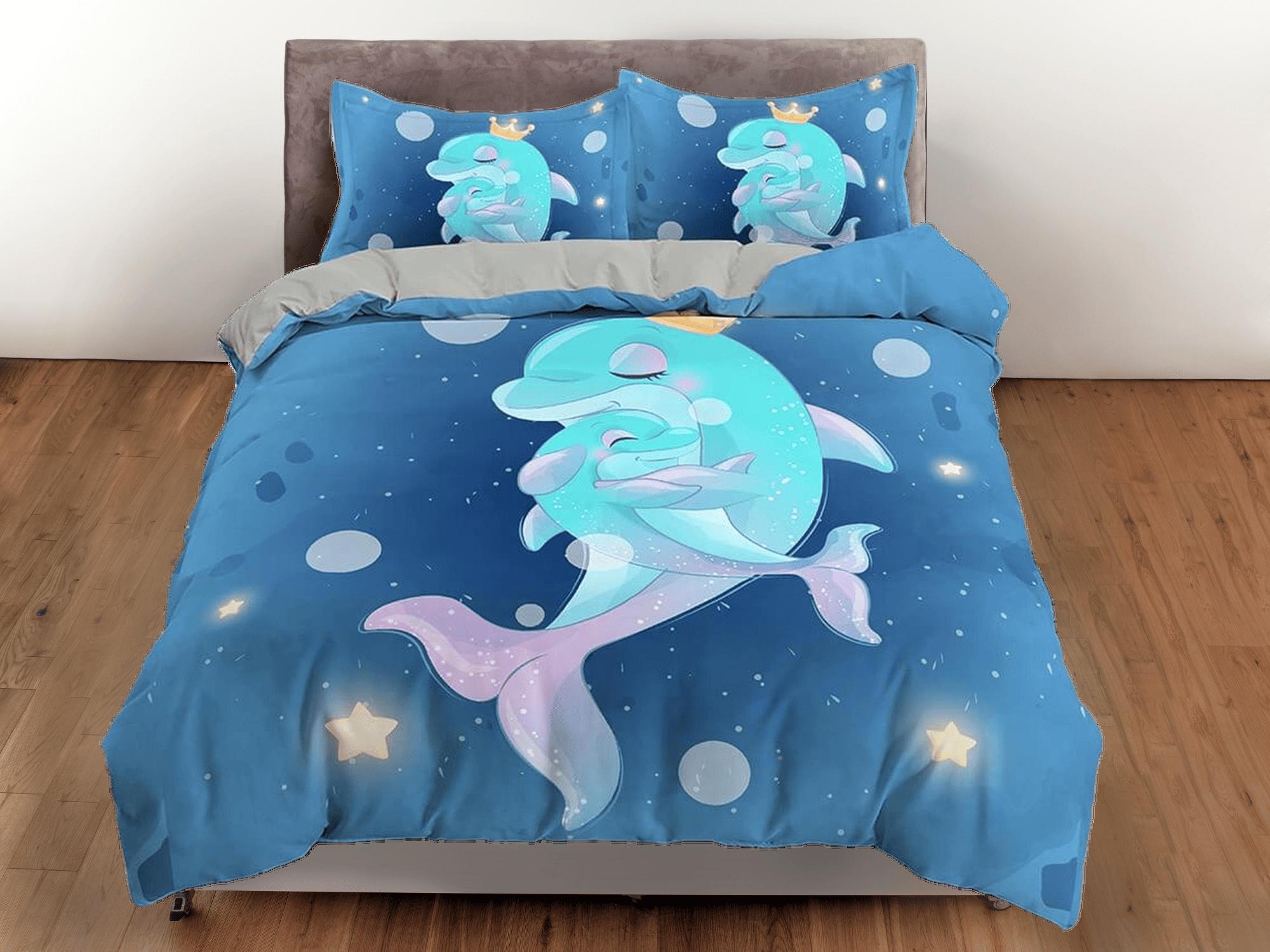 daintyduvet Cute mother & child dolphins bedding duvet cover, ocean blush decor bottle nose dolphin bedding set full king queen twin, dorm bedding gift