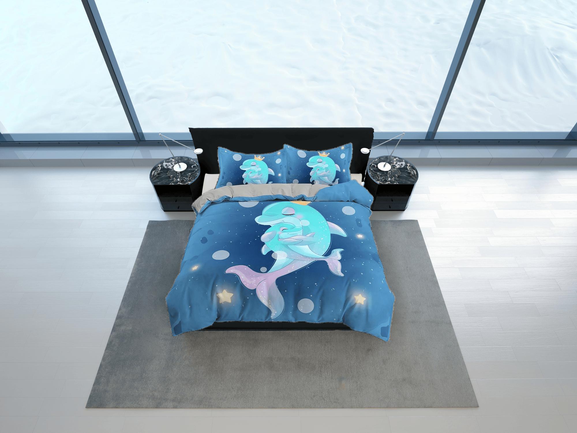 daintyduvet Cute mother & child dolphins bedding duvet cover, ocean blush decor bottle nose dolphin bedding set full king queen twin, dorm bedding gift