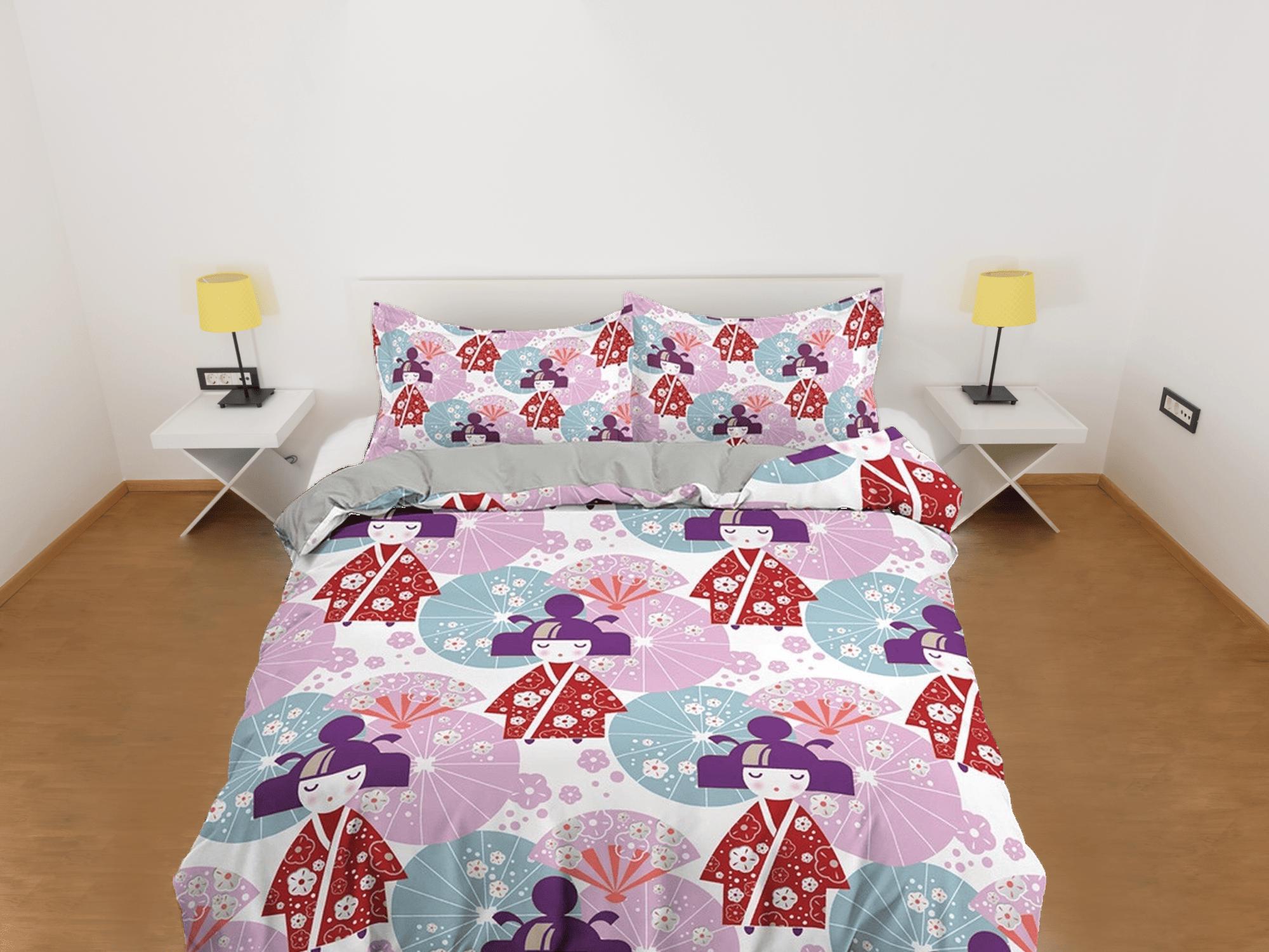 daintyduvet Cute oriental bedding for kids, kawaii geisha in kimono, colorful bedding, japanese duvet cover set for king, queen, full, twin, toddler bed