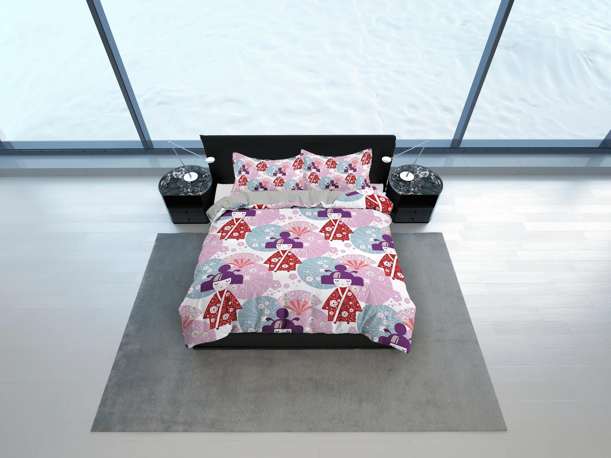 daintyduvet Cute oriental bedding for kids, kawaii geisha in kimono, colorful bedding, japanese duvet cover set for king, queen, full, twin, toddler bed