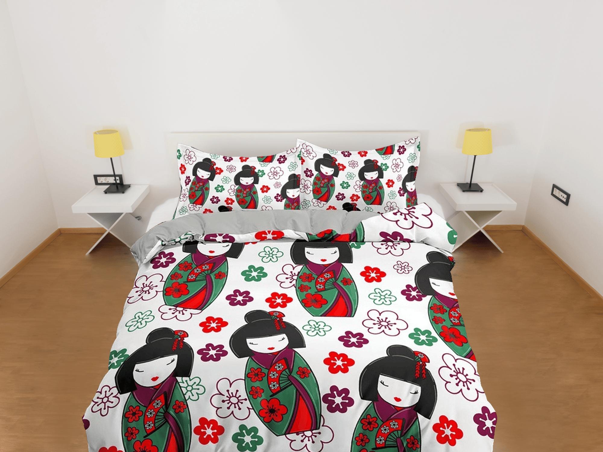 daintyduvet Cute oriental bedding, japan culture, geisha in kimono and floral prints, japanese duvet cover for king, queen, full, twin, toddler bedding