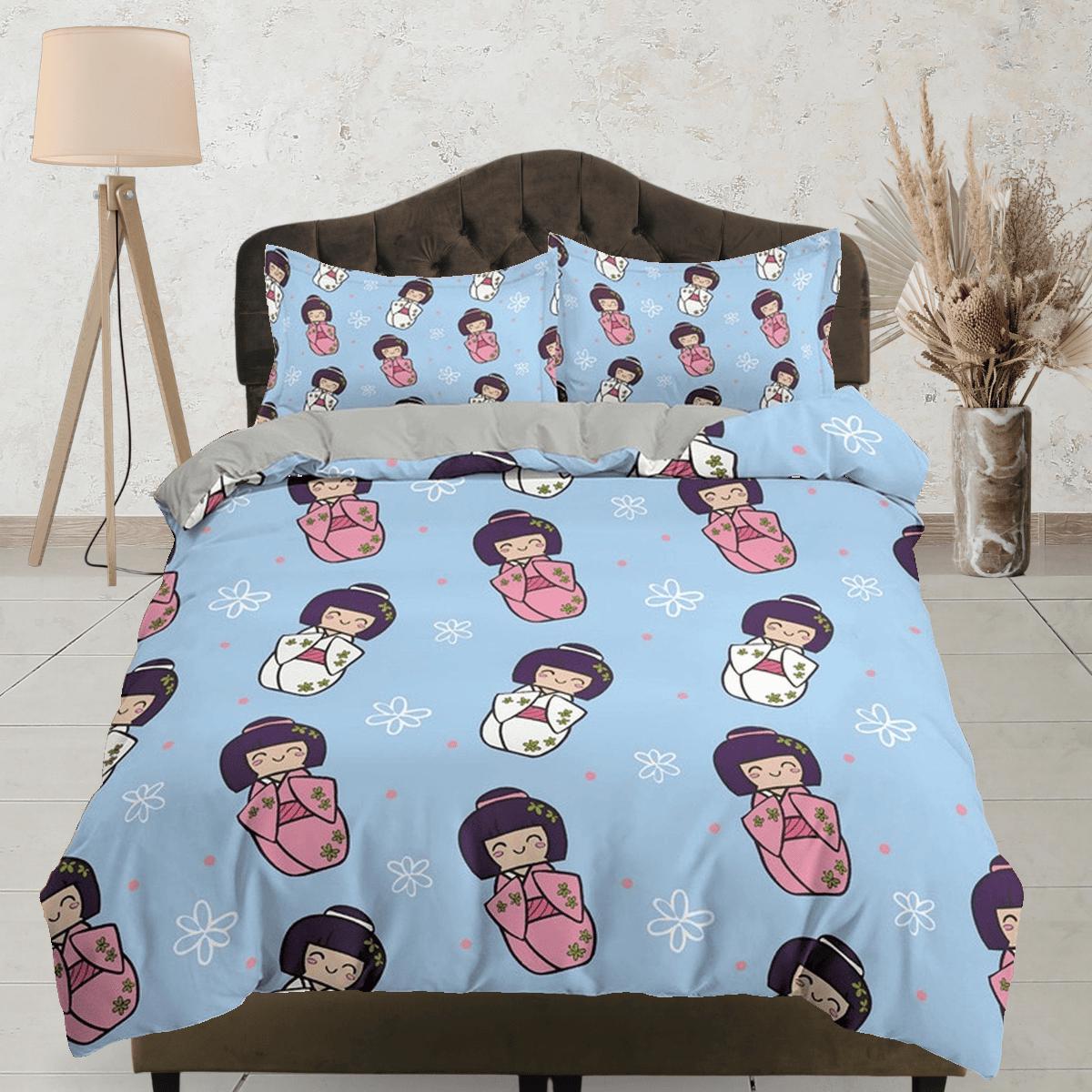 daintyduvet Cute oriental blue bedding for kids, japan culture, kawaii girl in kimono, japanese duvet cover set for king, queen, full, twin, toddler bed