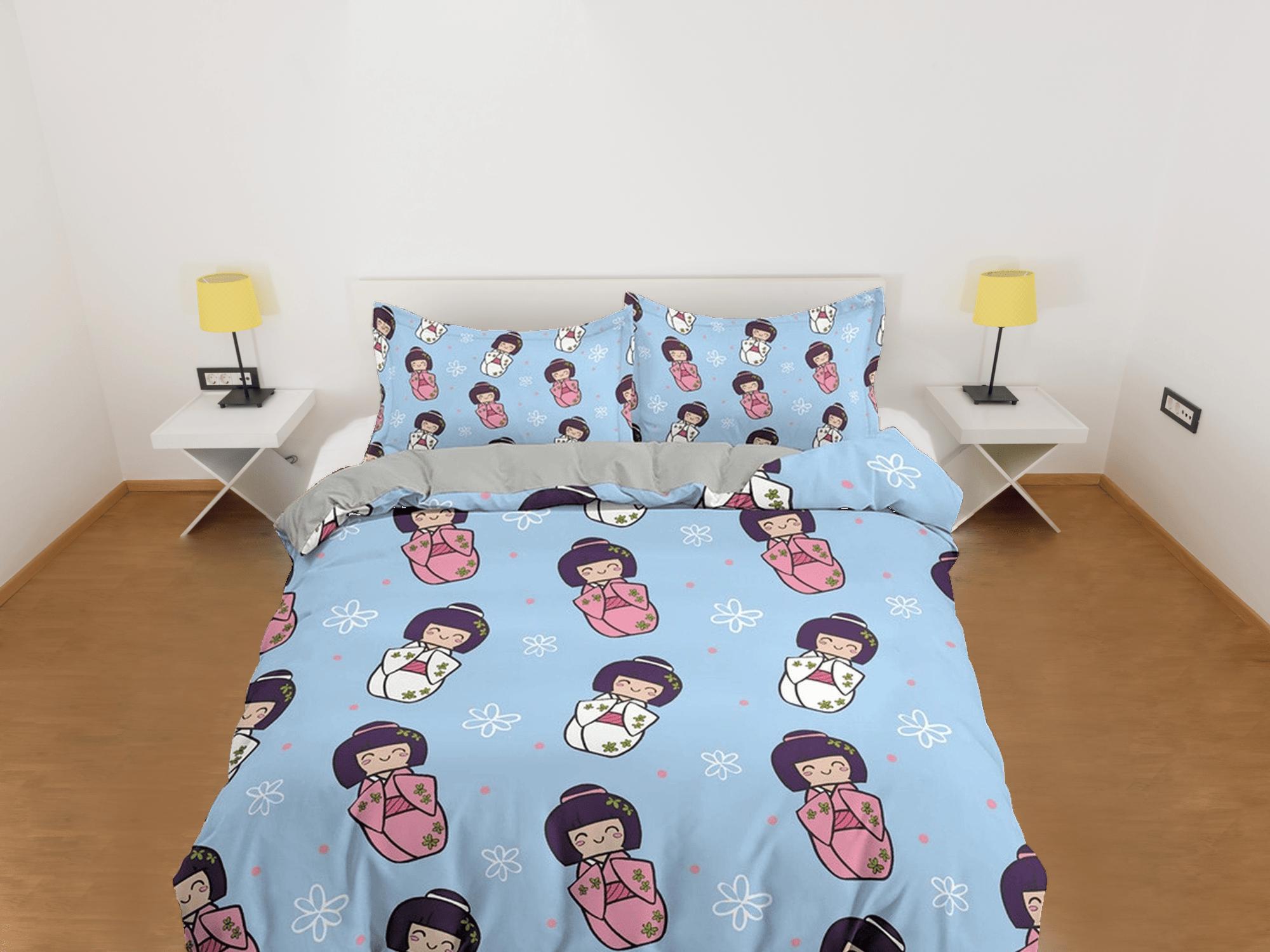 daintyduvet Cute oriental blue bedding for kids, japan culture, kawaii girl in kimono, japanese duvet cover set for king, queen, full, twin, toddler bed