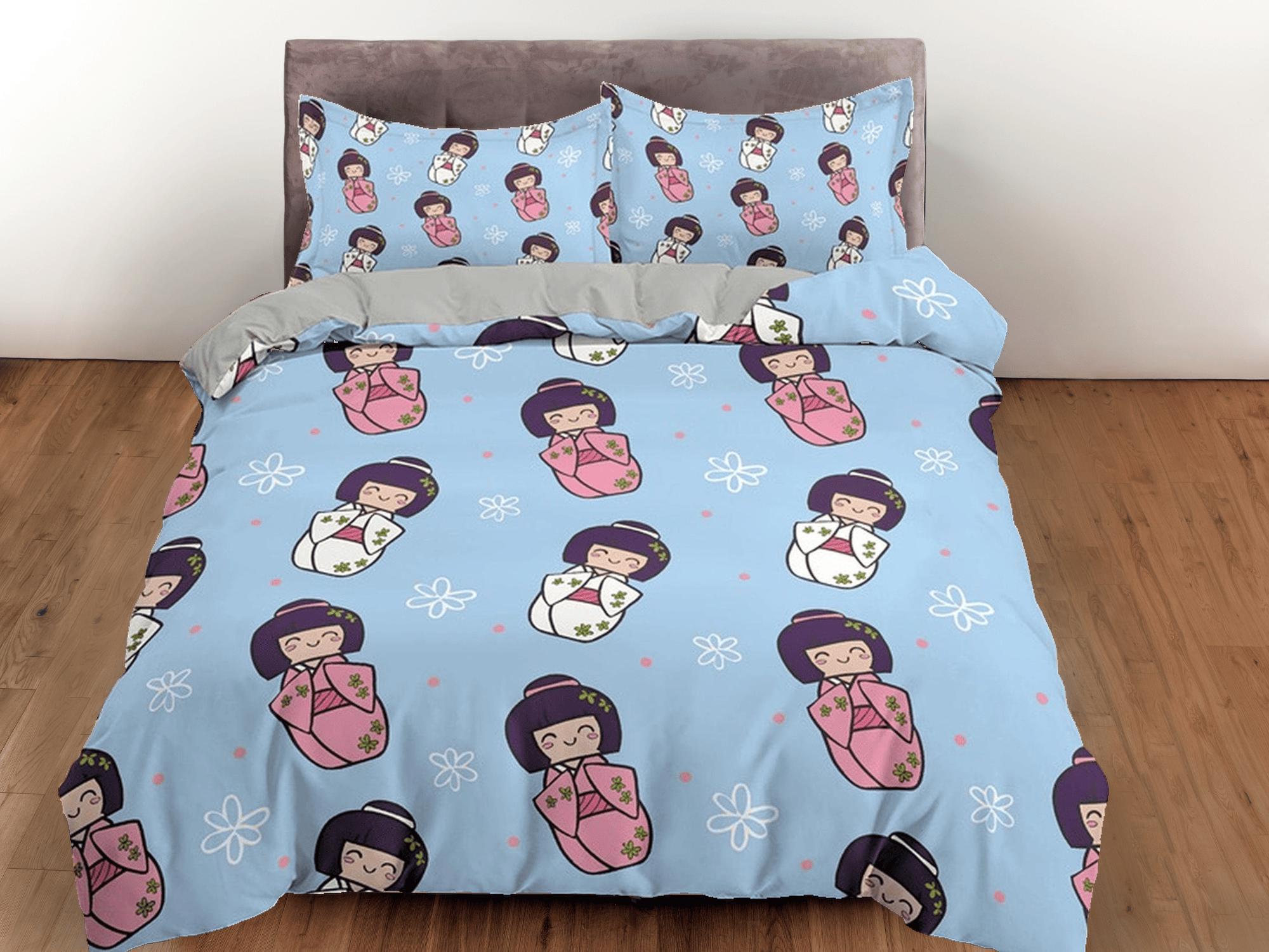 daintyduvet Cute oriental blue bedding for kids, japan culture, kawaii girl in kimono, japanese duvet cover set for king, queen, full, twin, toddler bed