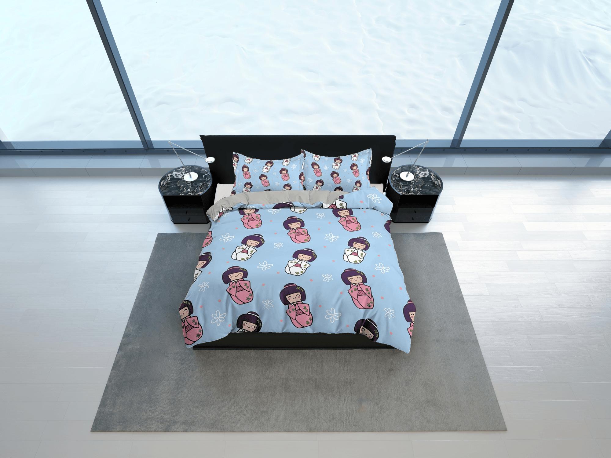 daintyduvet Cute oriental blue bedding for kids, japan culture, kawaii girl in kimono, japanese duvet cover set for king, queen, full, twin, toddler bed
