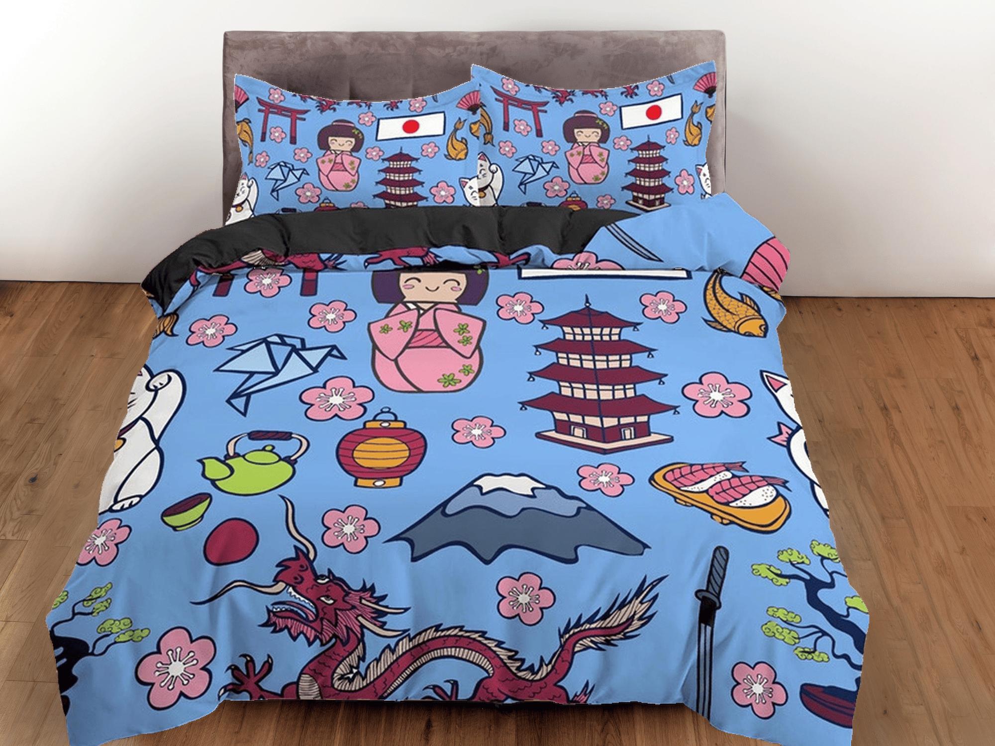 daintyduvet Cute oriental blue bedding for kids, japan culture, kimono and dragon, japanese duvet cover set for king, queen, full, twin, toddler bed