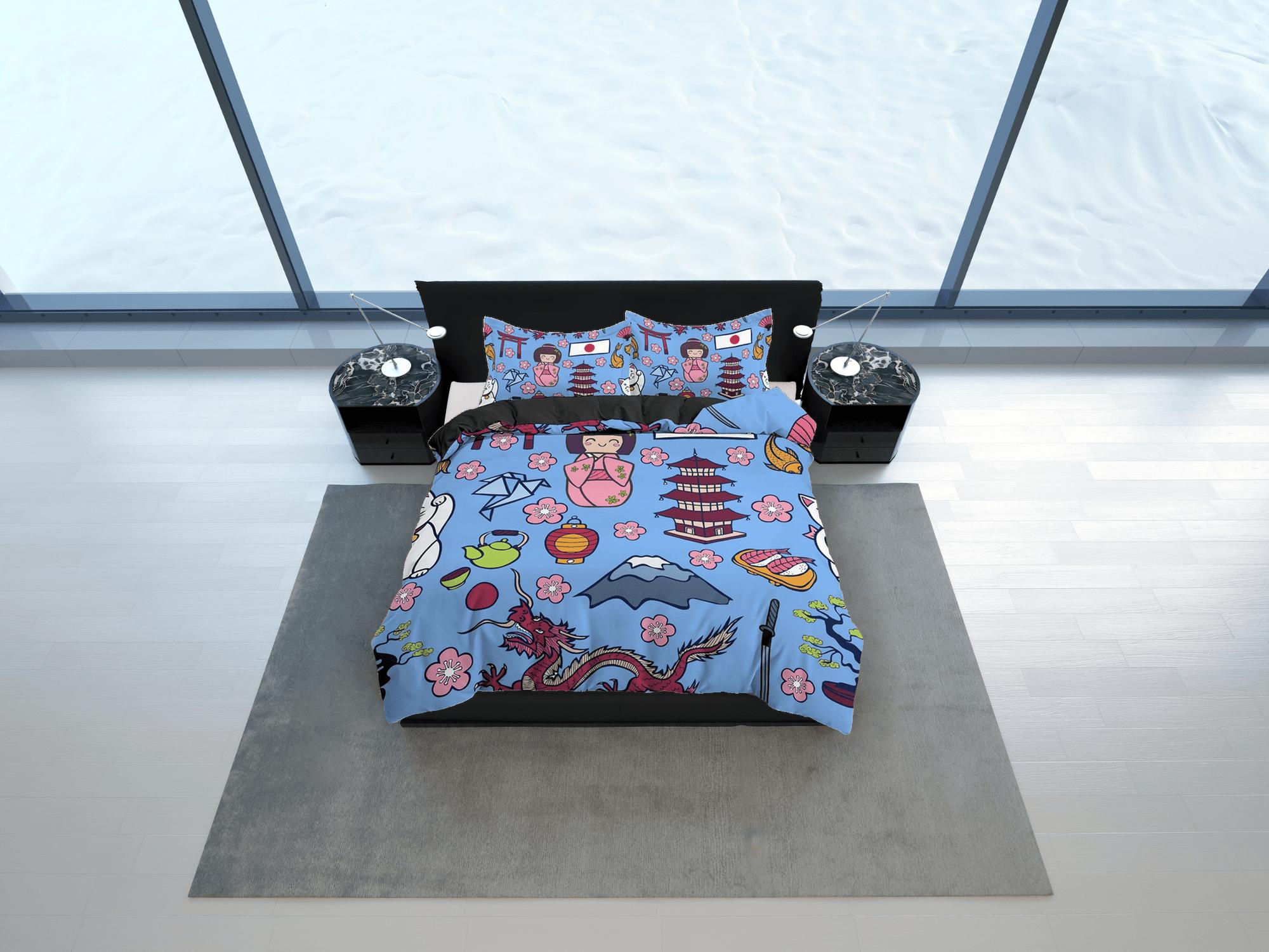 daintyduvet Cute oriental blue bedding for kids, japan culture, kimono and dragon, japanese duvet cover set for king, queen, full, twin, toddler bed