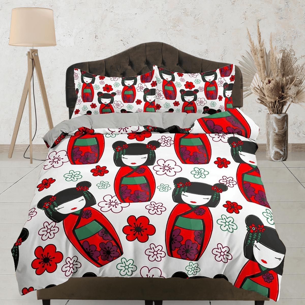 daintyduvet Cute oriental kids bedding, japan culture, geisha in red kimono, cherry blossoms, japanese duvet cover set for king, queen, full, toddler