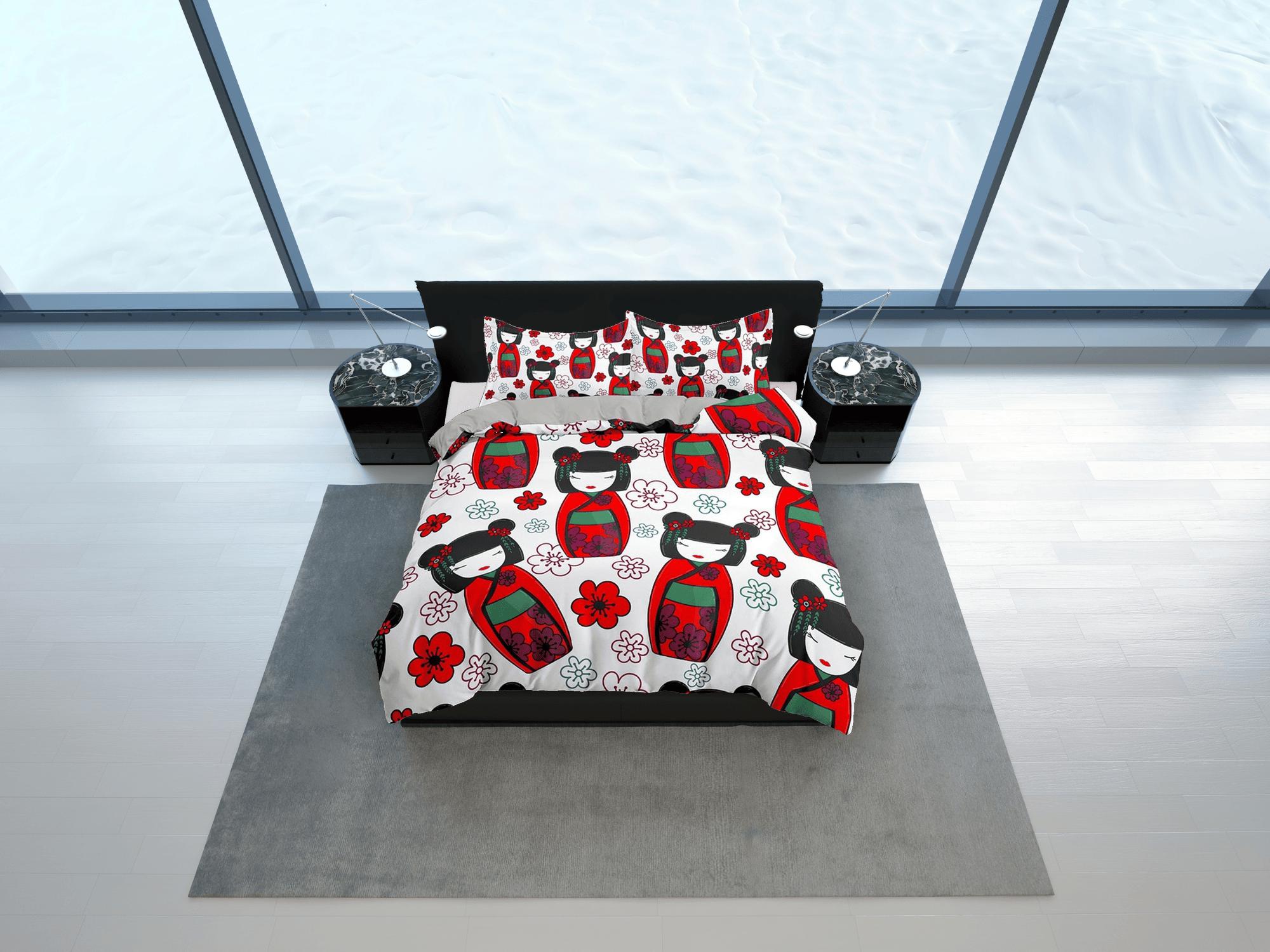 daintyduvet Cute oriental kids bedding, japan culture, geisha in red kimono, cherry blossoms, japanese duvet cover set for king, queen, full, toddler