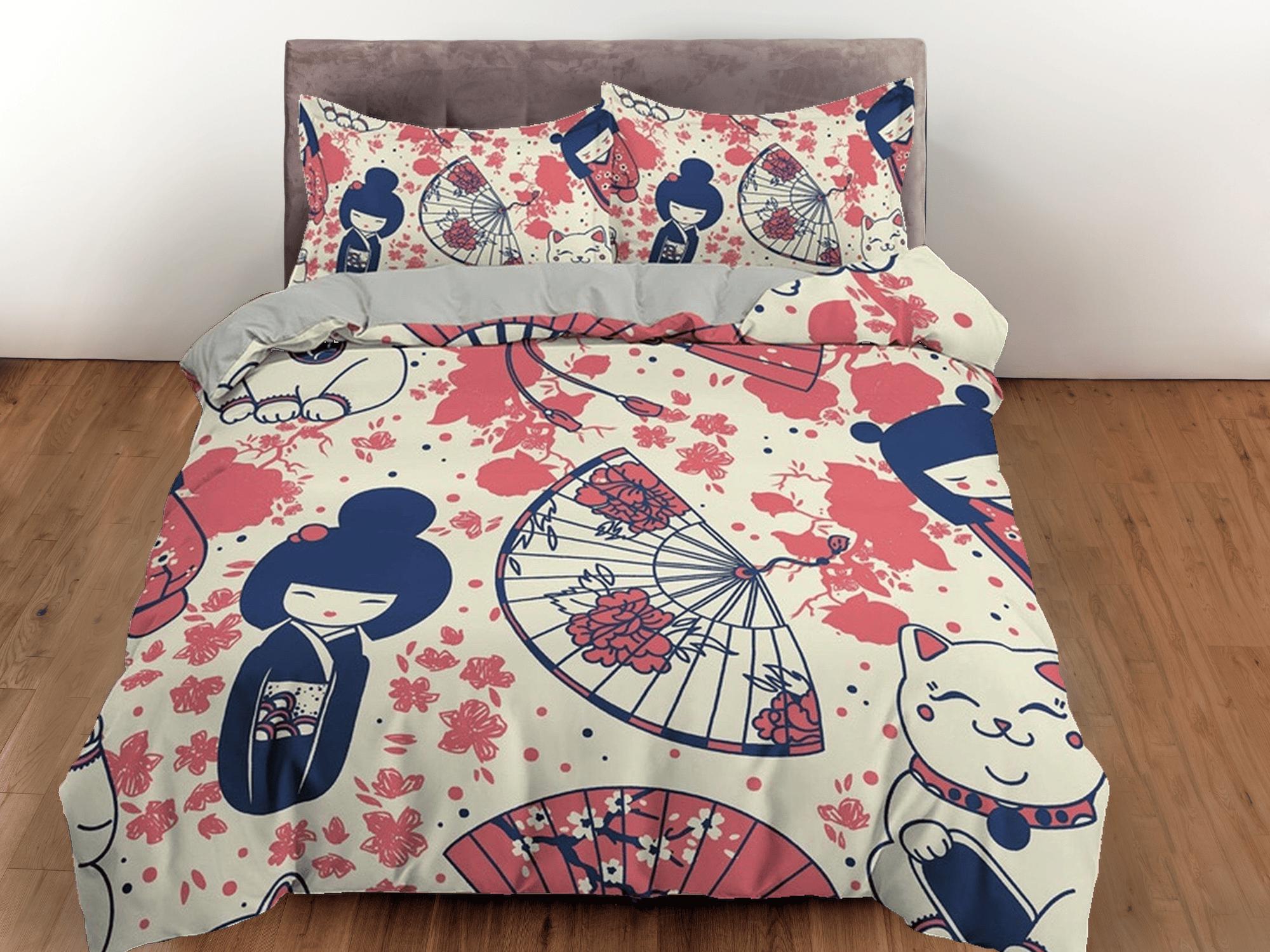 daintyduvet Cute oriental kids bedding, japan culture, girl in kimono, good luck cat, japanese duvet cover set for king, queen, full, twin, toddler bed