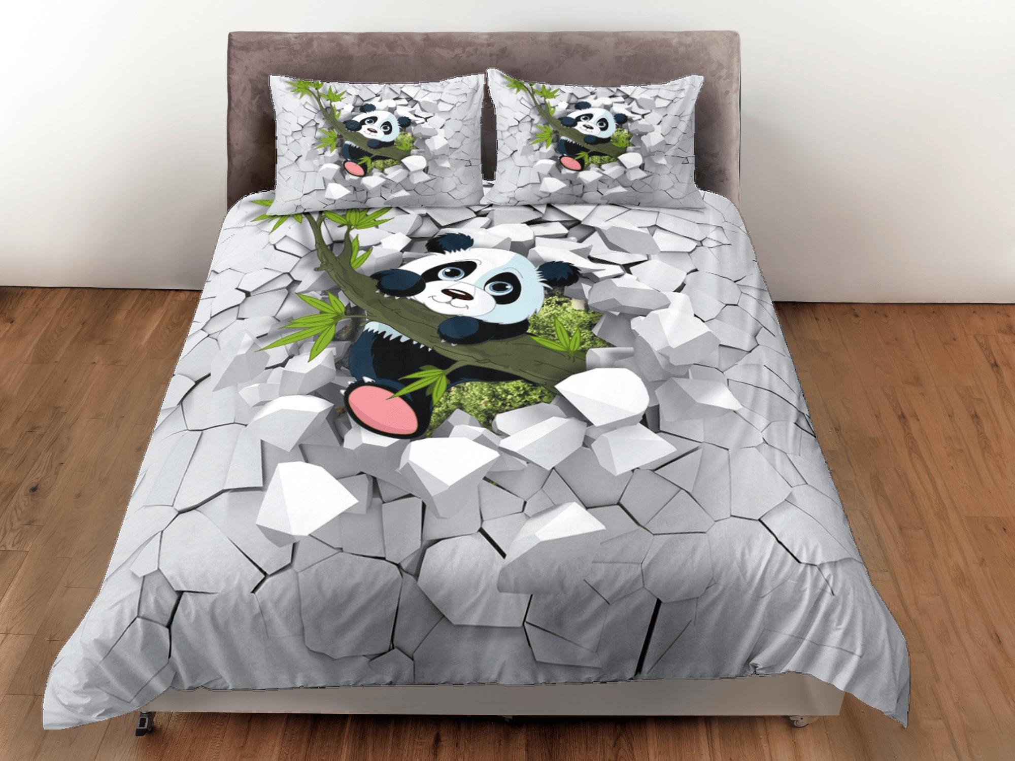 daintyduvet Cute Panda in Bamboo Duvet Cover Set Colorful Bedspread, Kids Full Bedding Set with Pillowcase, Comforter Cover Twin