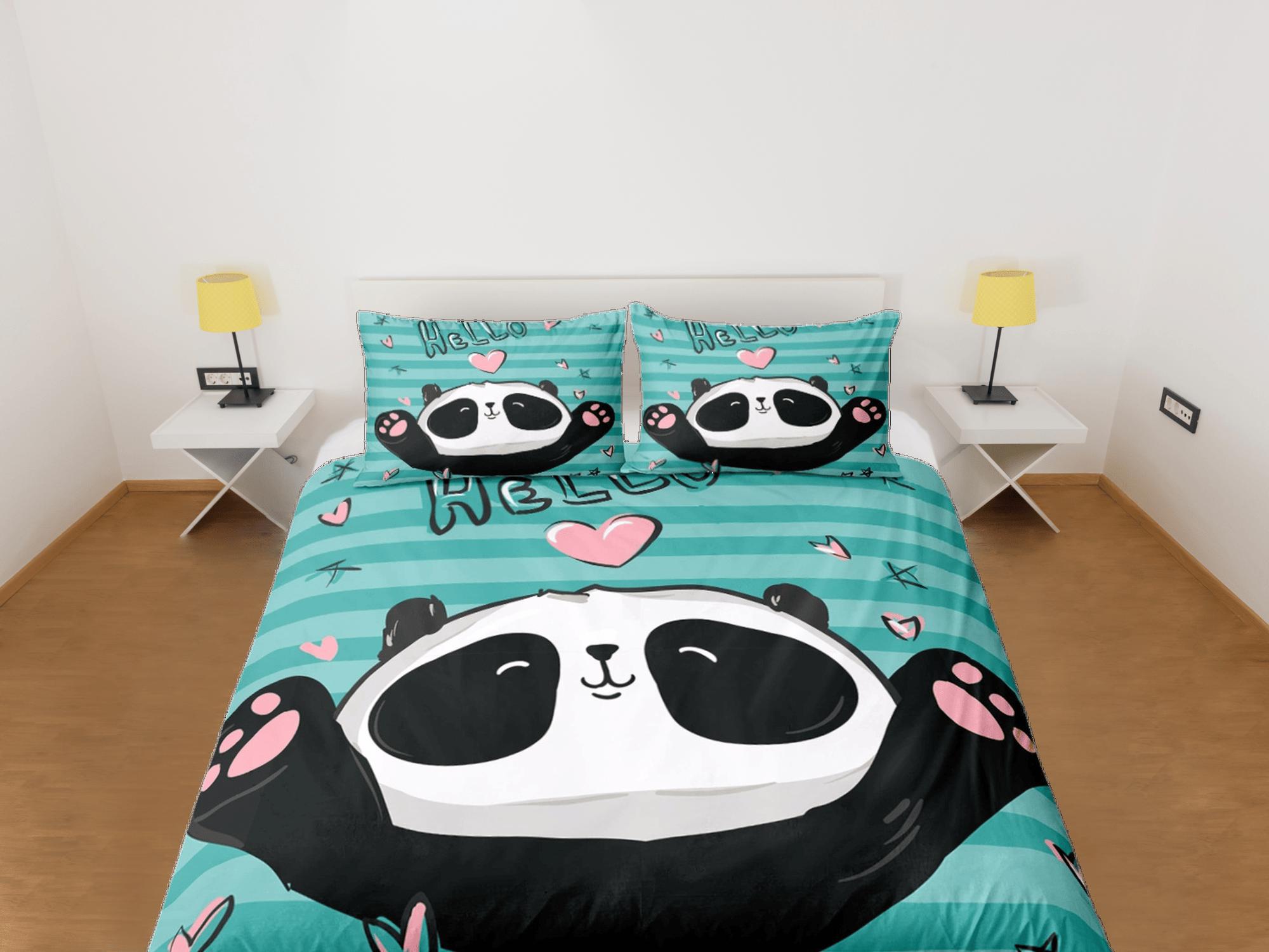 daintyduvet Cute Panda Lover Green Duvet Cover Set Colorful Bedspread, Kids Bedding Pillowcase