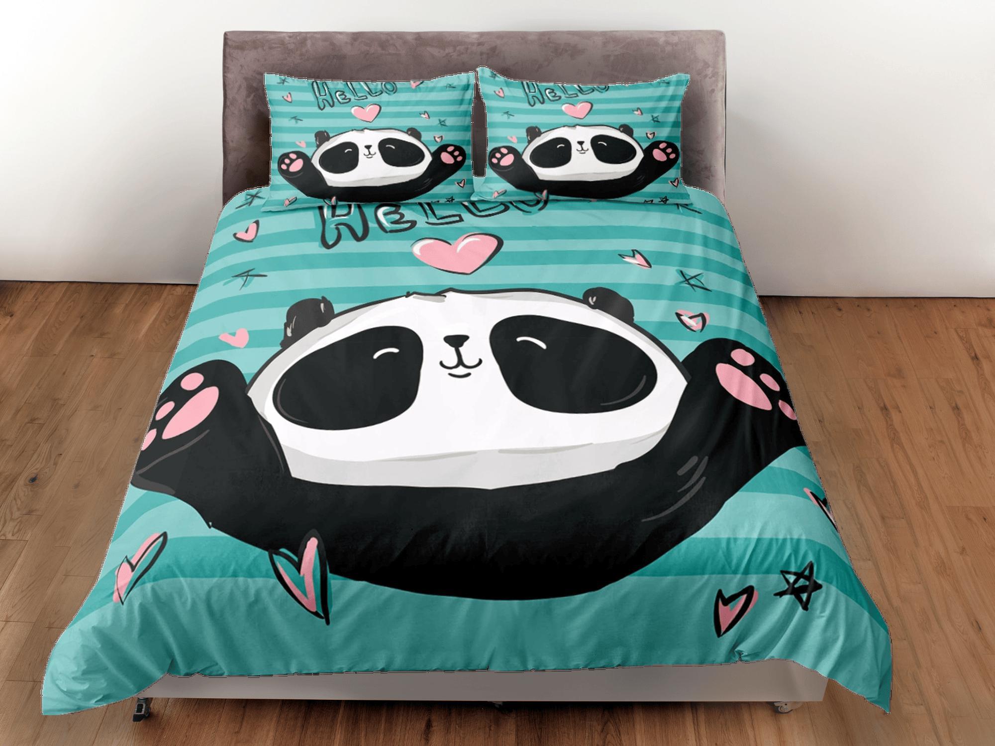 daintyduvet Cute Panda Lover Green Duvet Cover Set Colorful Bedspread, Kids Bedding Pillowcase