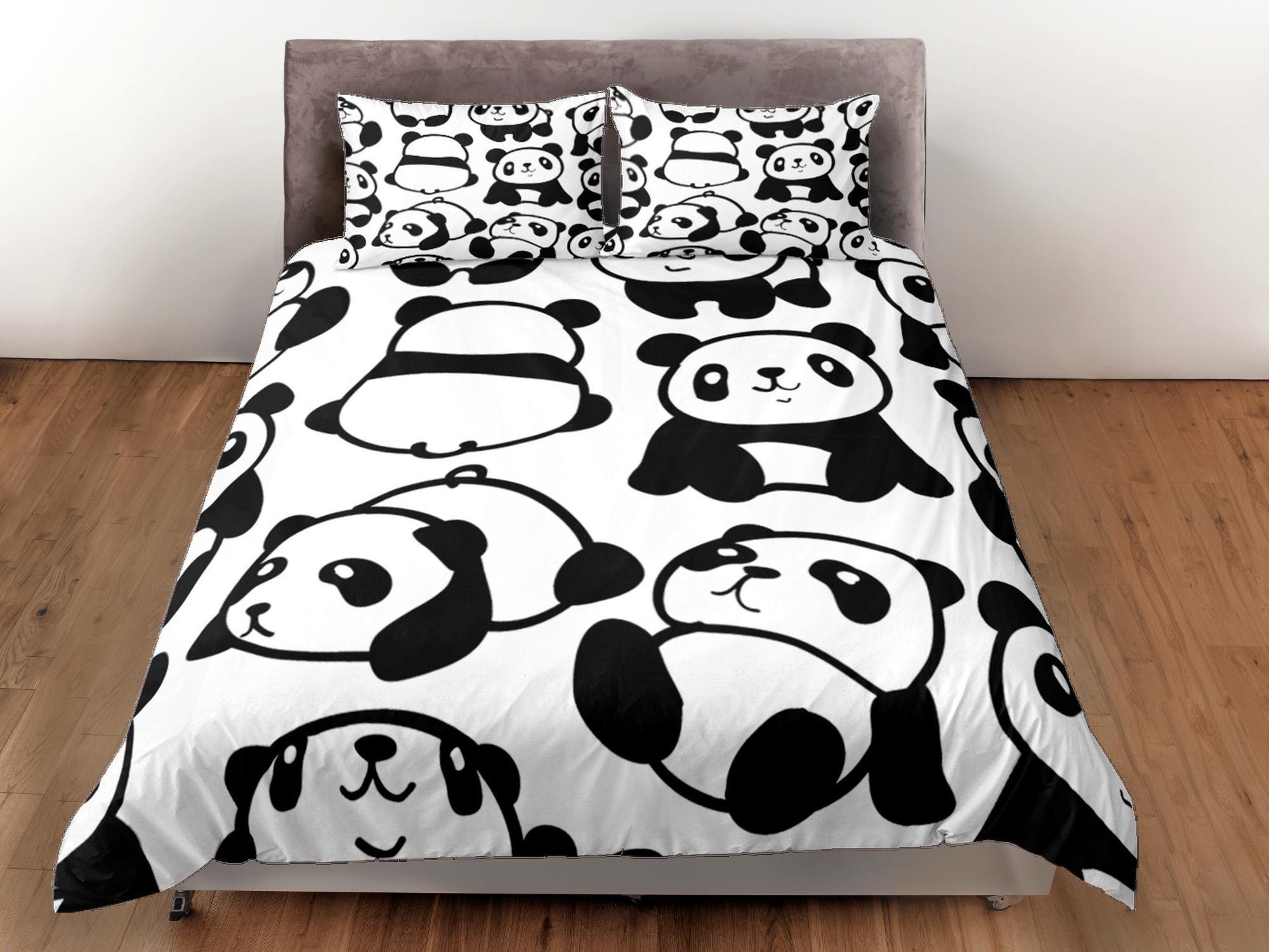daintyduvet Cute Pandas Black & White Duvet Cover Set Colorful Bedspread, Kids Full Bedding Set with Pillowcase, King Queen Duvet Comforter Cover Twin