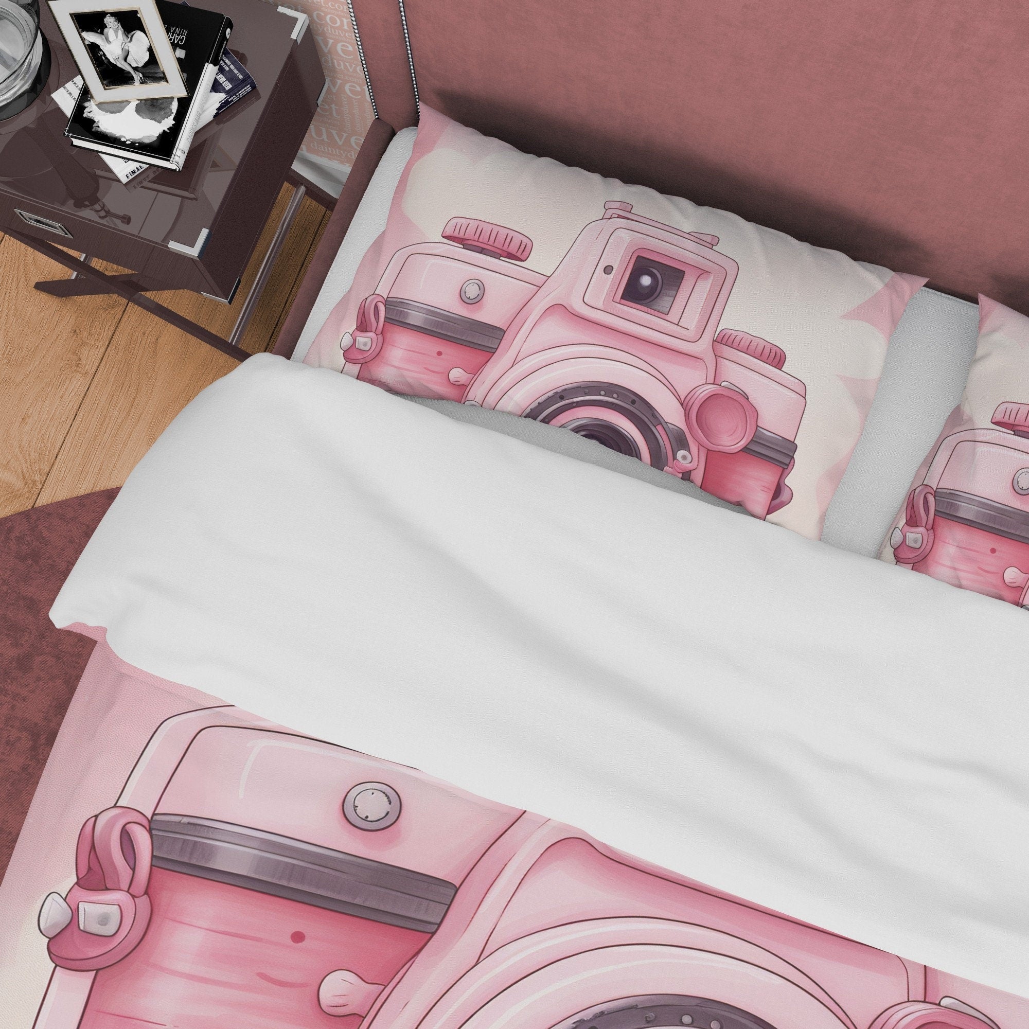 Cute Pink Camera Girl Bedroom Duvet Cover, Unique Girl Cute Quilt Cover, Girly Photo Lover Bedding, Female Photographer Blanket Cover