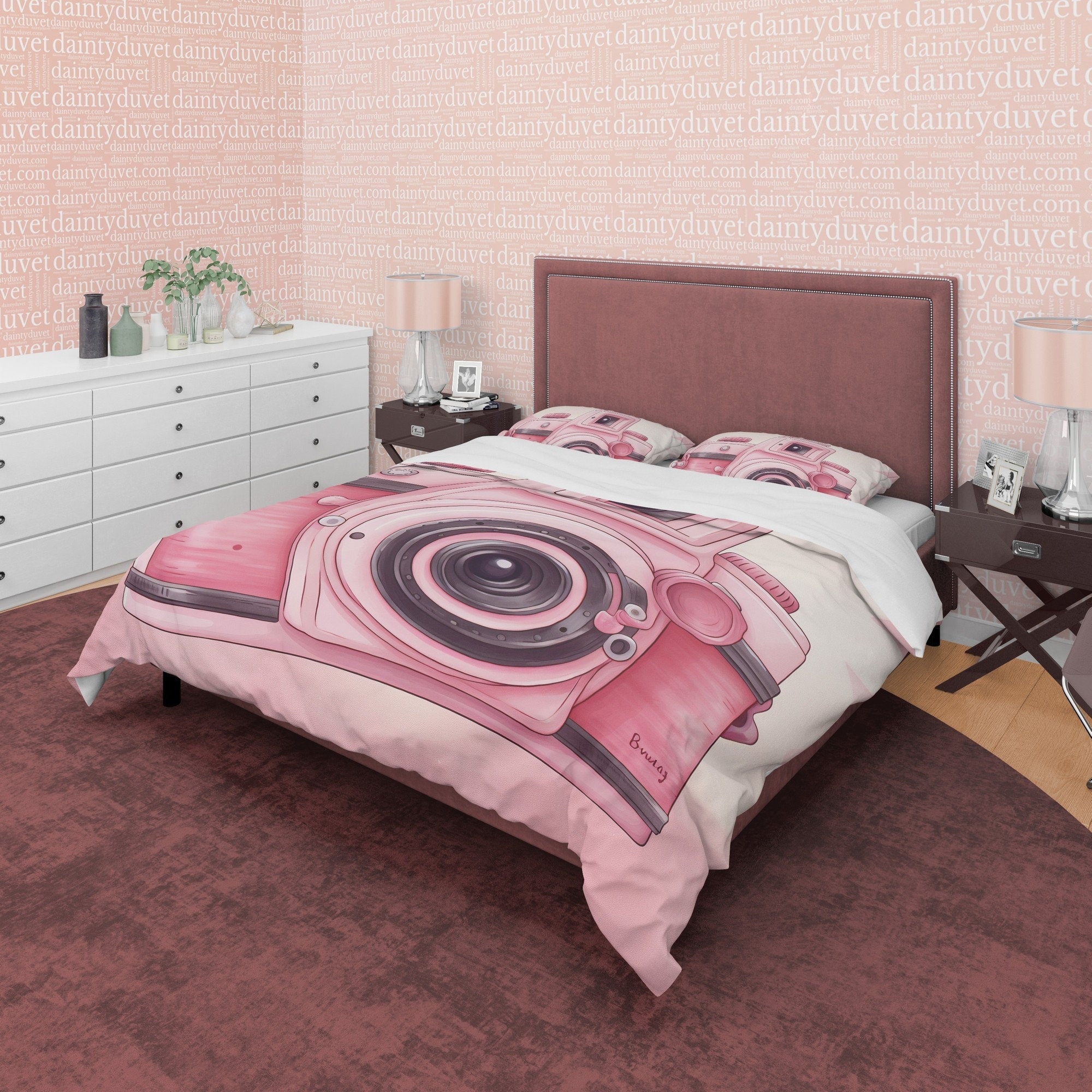 Cute Pink Camera Girl Bedroom Duvet Cover, Unique Girl Cute Quilt Cover, Girly Photo Lover Bedding, Female Photographer Blanket Cover