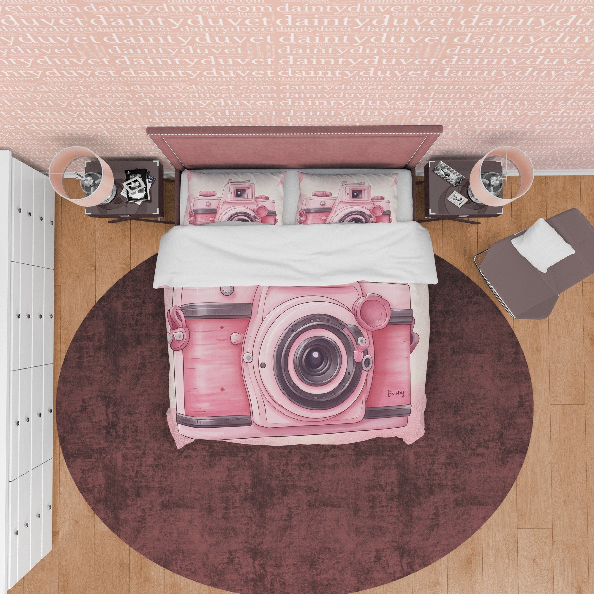 Cute Pink Camera Girl Bedroom Duvet Cover, Unique Girl Cute Quilt Cover, Girly Photo Lover Bedding, Female Photographer Blanket Cover