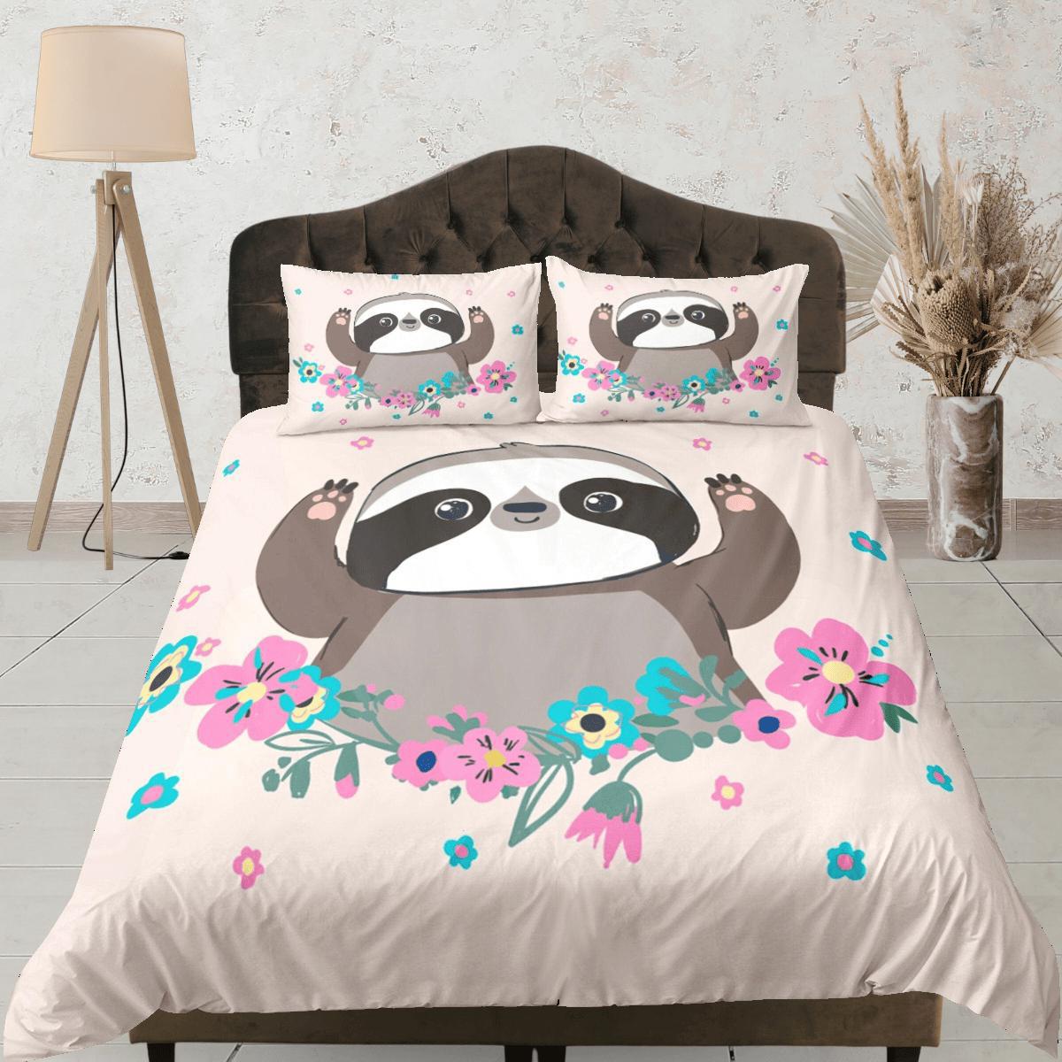daintyduvet Cute Sloth Girly Duvet Cover Set Colorful Bedspread, Kids Full Bedding Set with Pillowcase, Comforter Cover Twin