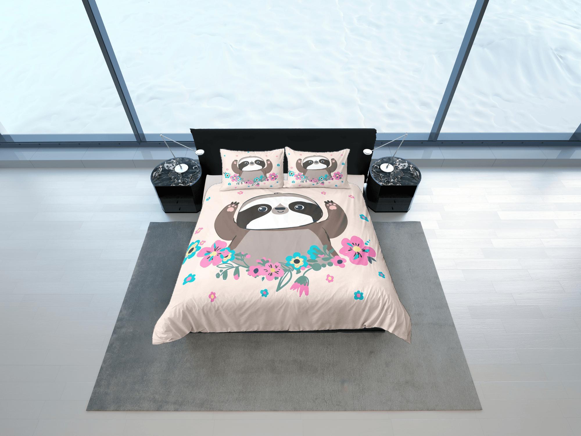 daintyduvet Cute Sloth Girly Duvet Cover Set Colorful Bedspread, Kids Full Bedding Set with Pillowcase, Comforter Cover Twin