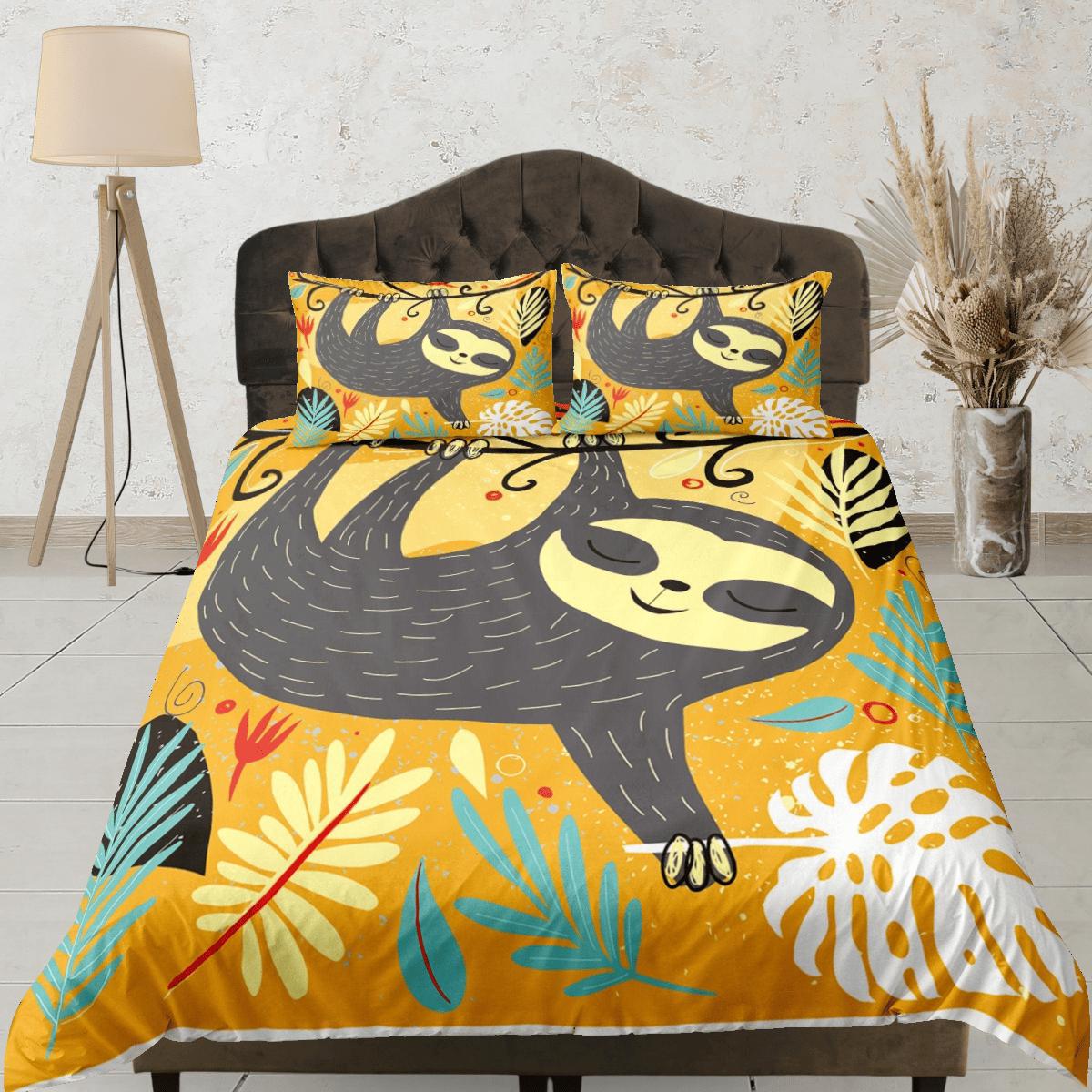 daintyduvet Cute Sloth Yellow Duvet Cover Set Colorful Bedspread, Kids Full Bedding Set with Pillowcase, Comforter Cover Twin