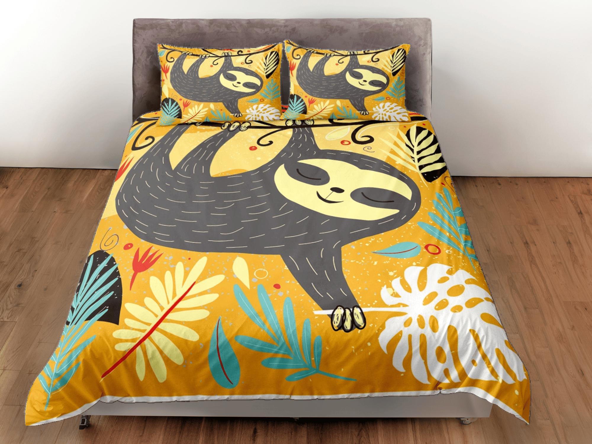 daintyduvet Cute Sloth Yellow Duvet Cover Set Colorful Bedspread, Kids Full Bedding Set with Pillowcase, Comforter Cover Twin