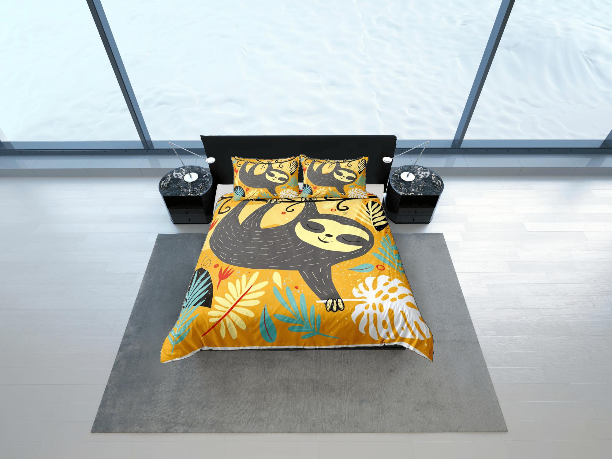 daintyduvet Cute Sloth Yellow Duvet Cover Set Colorful Bedspread, Kids Full Bedding Set with Pillowcase, Comforter Cover Twin