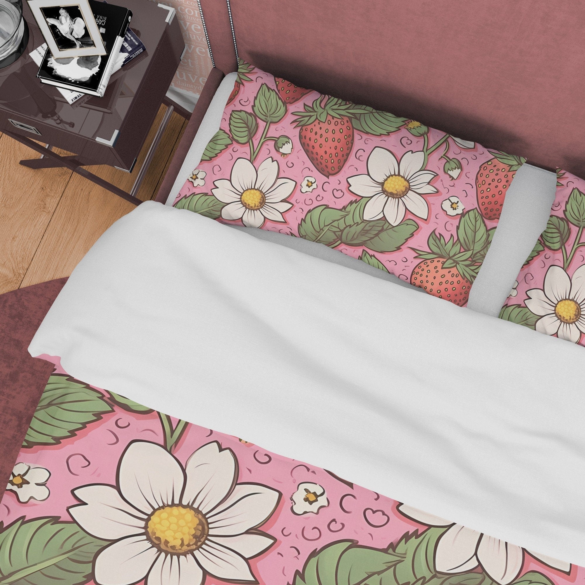 Cute Strawberry Duvet Cover Boho Bedroom Set, Floral Pink Bedspread, Girly Quilt Cover, Dorm Bedding, Baby Girl Toddler Bedding, Foodie Gift