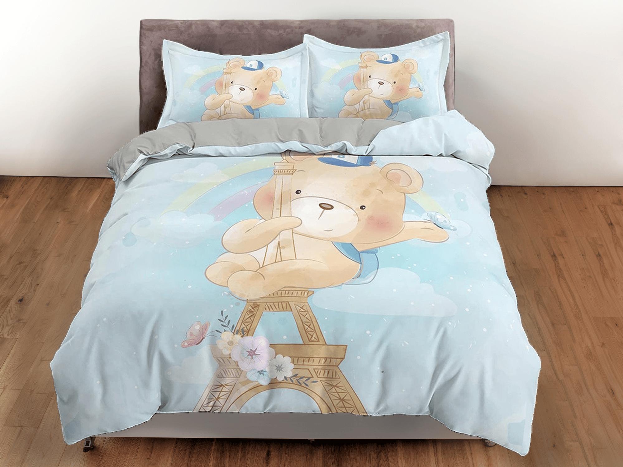 daintyduvet Cute Teddy Bear in Eiffel Tower Bedding, Duvet Cover Set, Zipper Bedding, Dorm Bedding, Teens Adult Duvet King Queen Full Twin Single